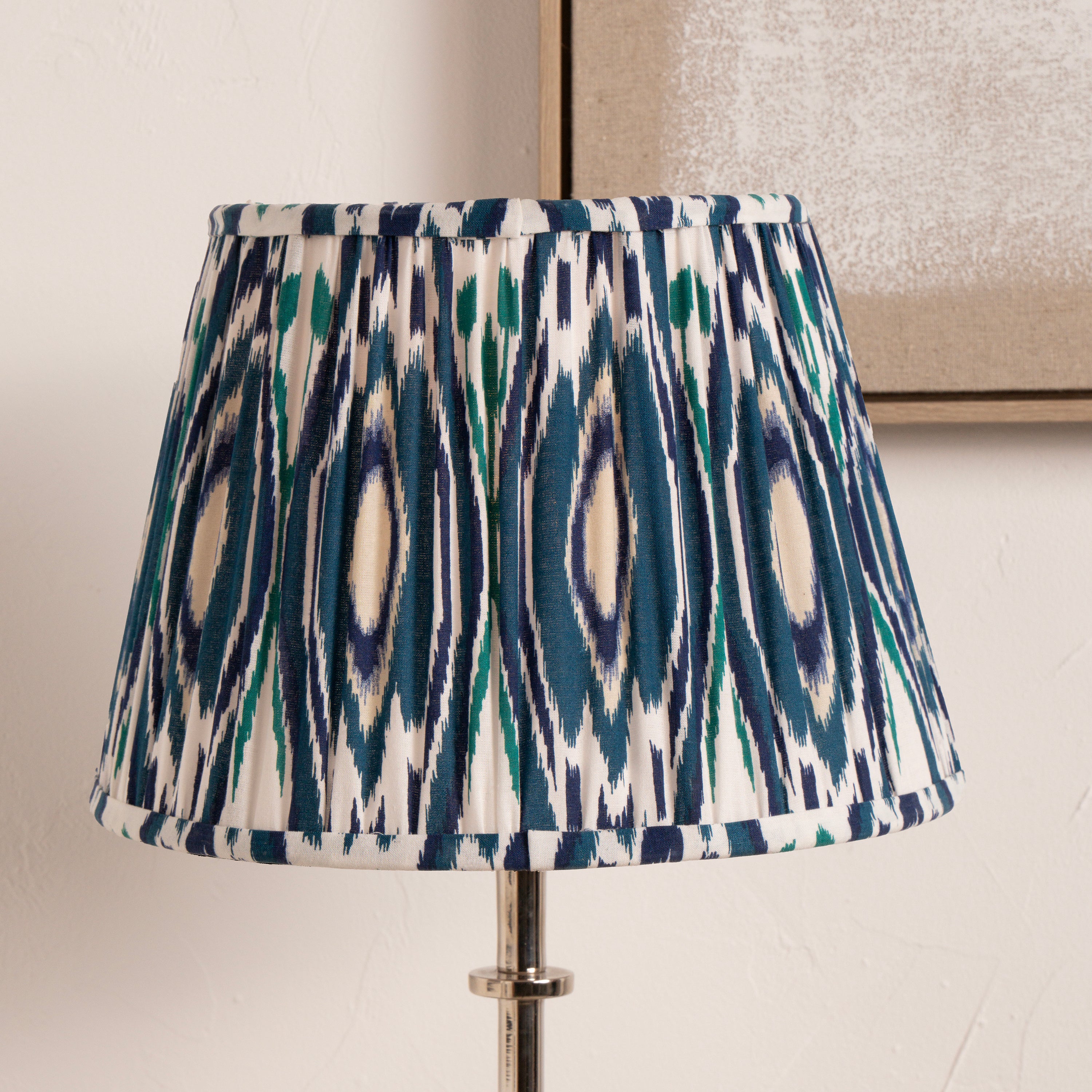 Izara Ikat Patterned Gathered Tapered Lamp Shade Ocean Blue