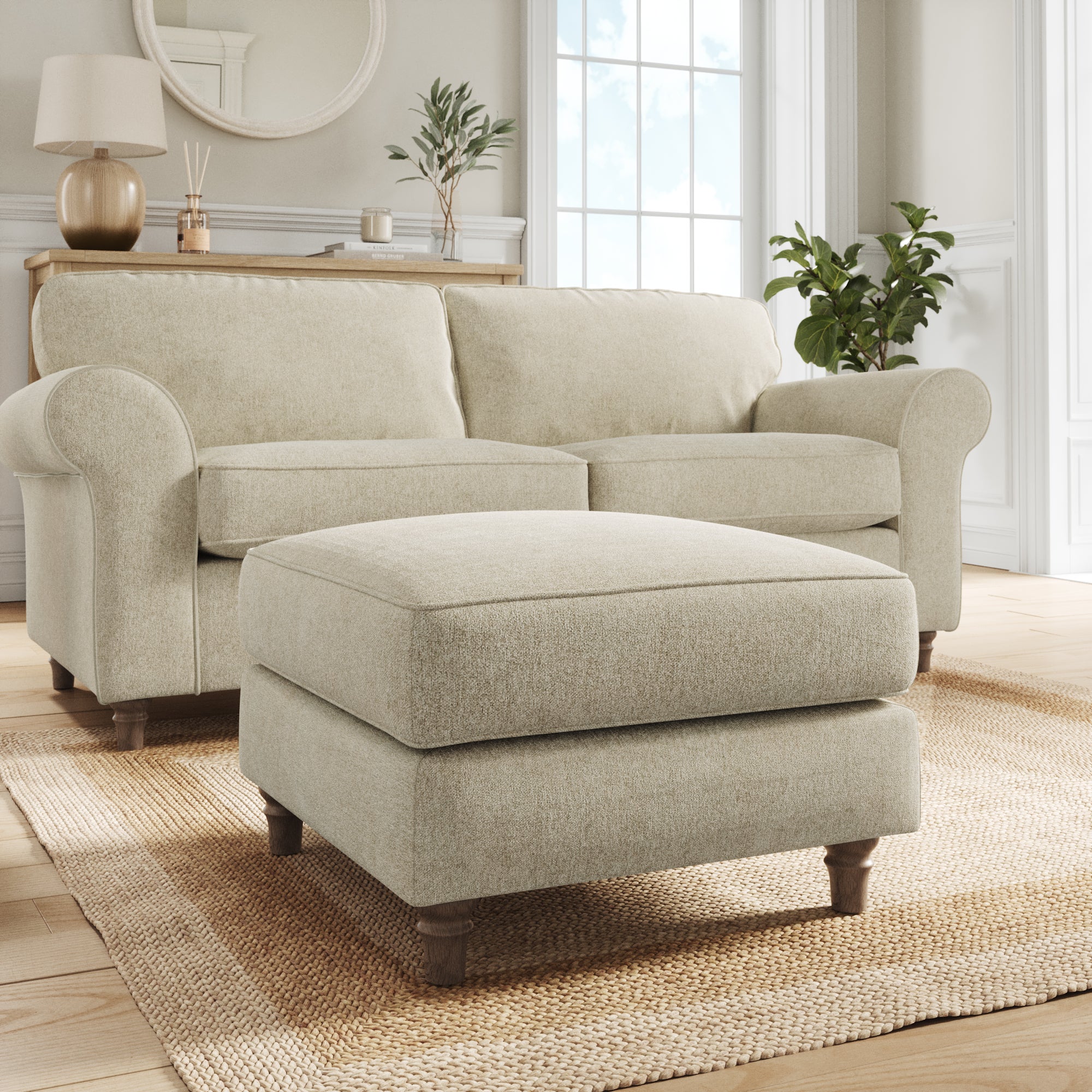 Flori Footstool Soft Chenille Sandstone