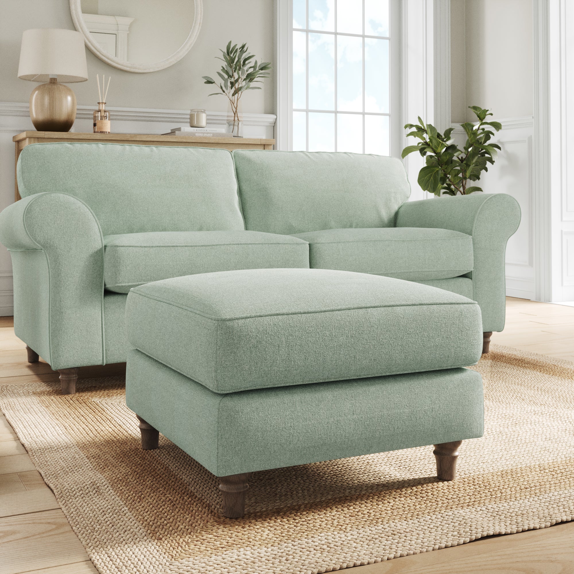 Flori Footstool Soft Chenille Seafoam