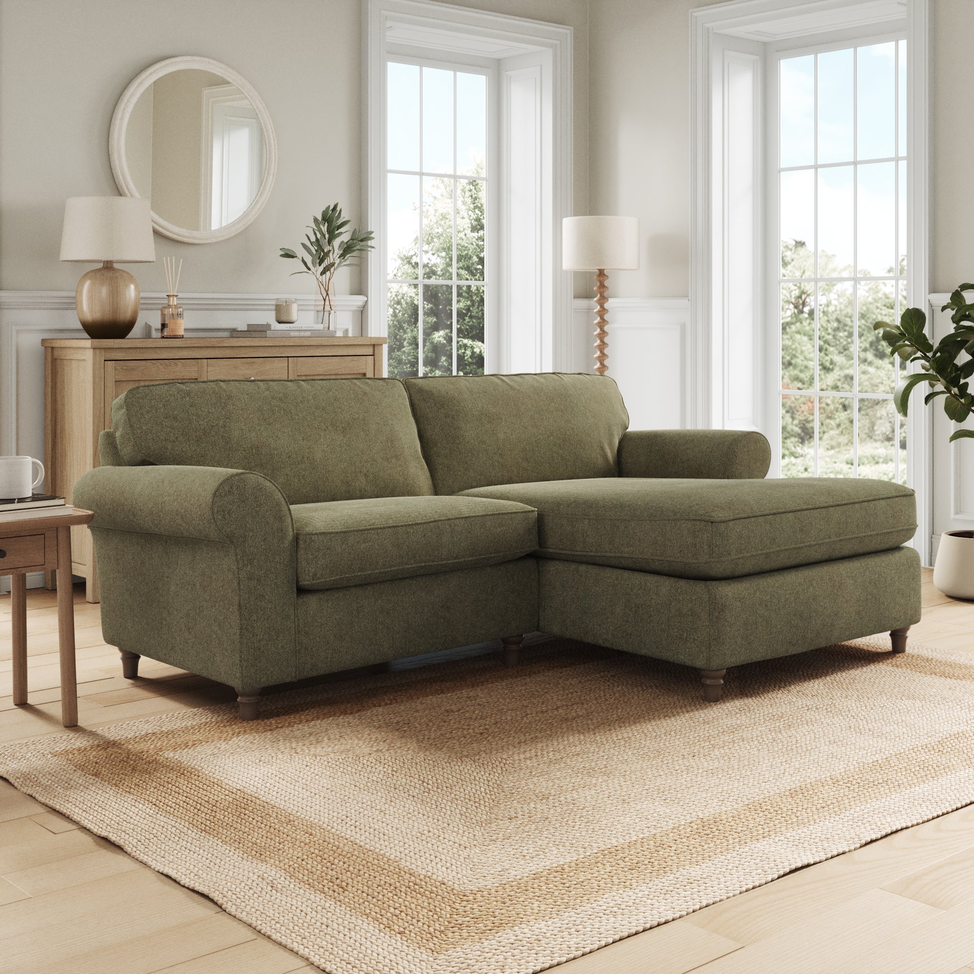 Flori Corner Chaise Sofa Soft Chenille Olive