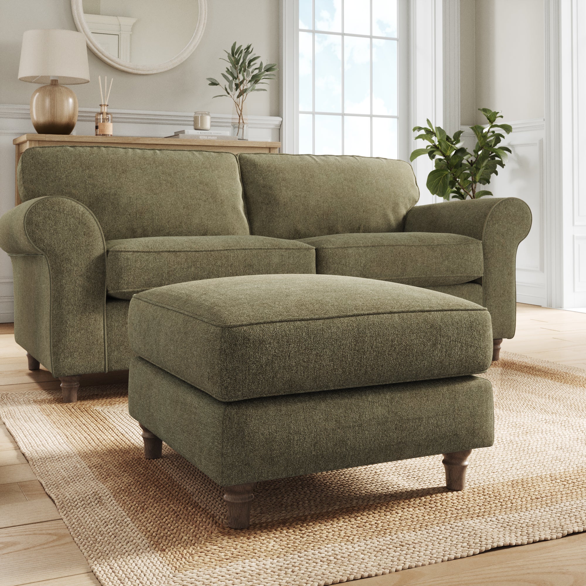 Flori Footstool Soft Chenille Olive