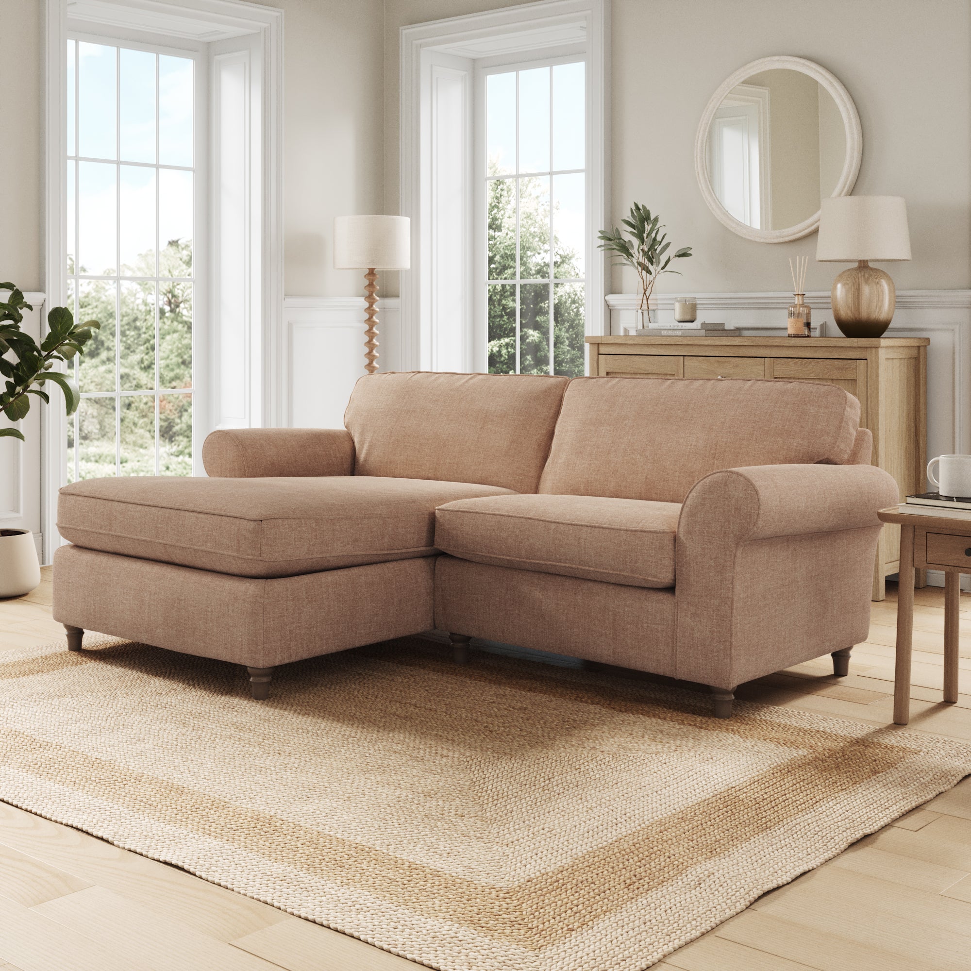 Flori Corner Chaise Sofa Tonal Plush Chenille Soft Clay