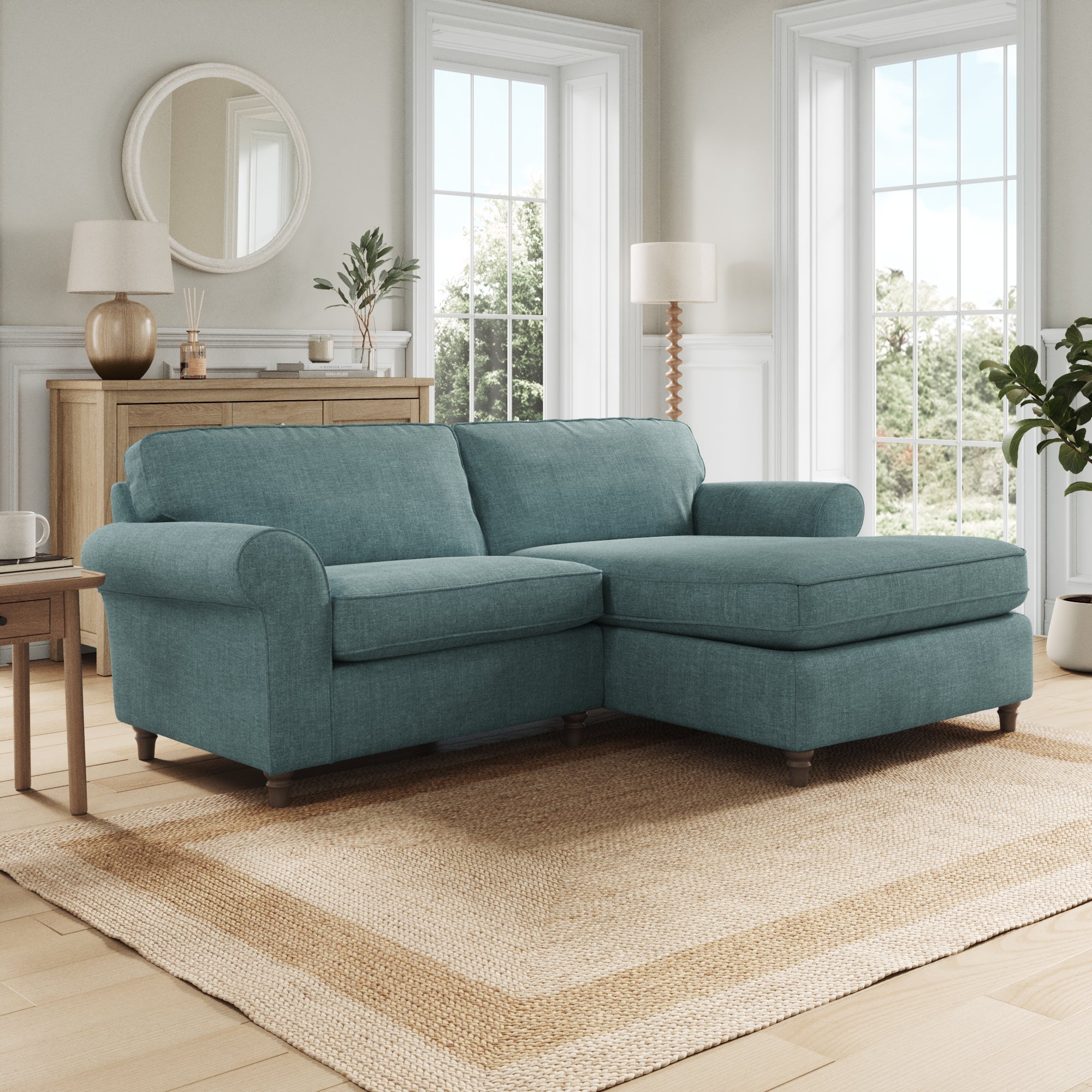 Flori Tonal Plush Chenille Corner Chaise Sofa Aqua