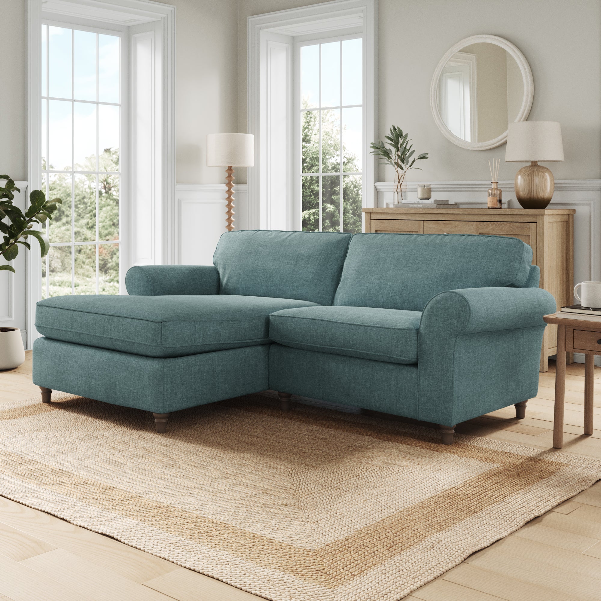 Flori Corner Chaise Sofa Tonal Plush Chenille Aqua