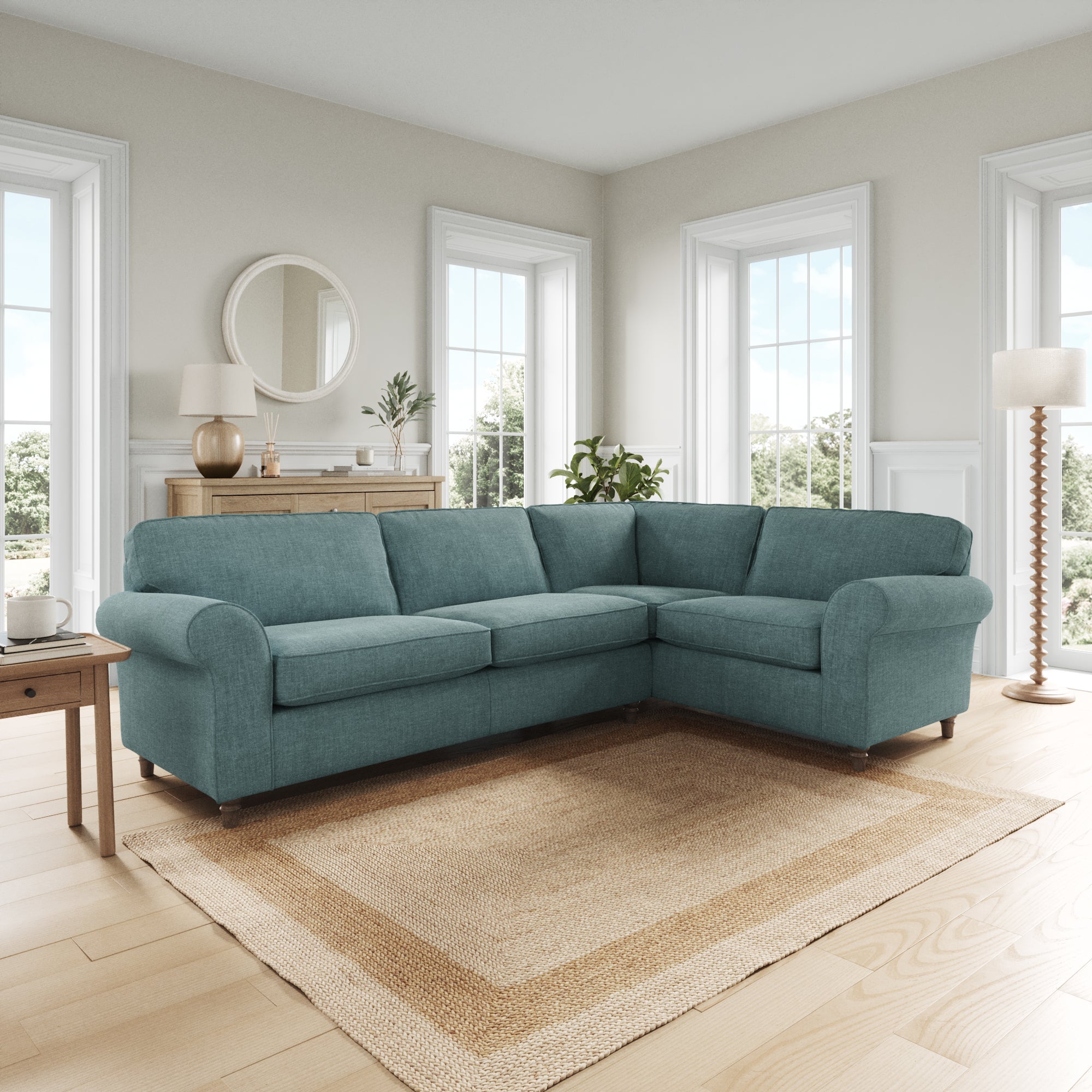 Flori Tonal Plush Chenille Corner Sofa Aqua