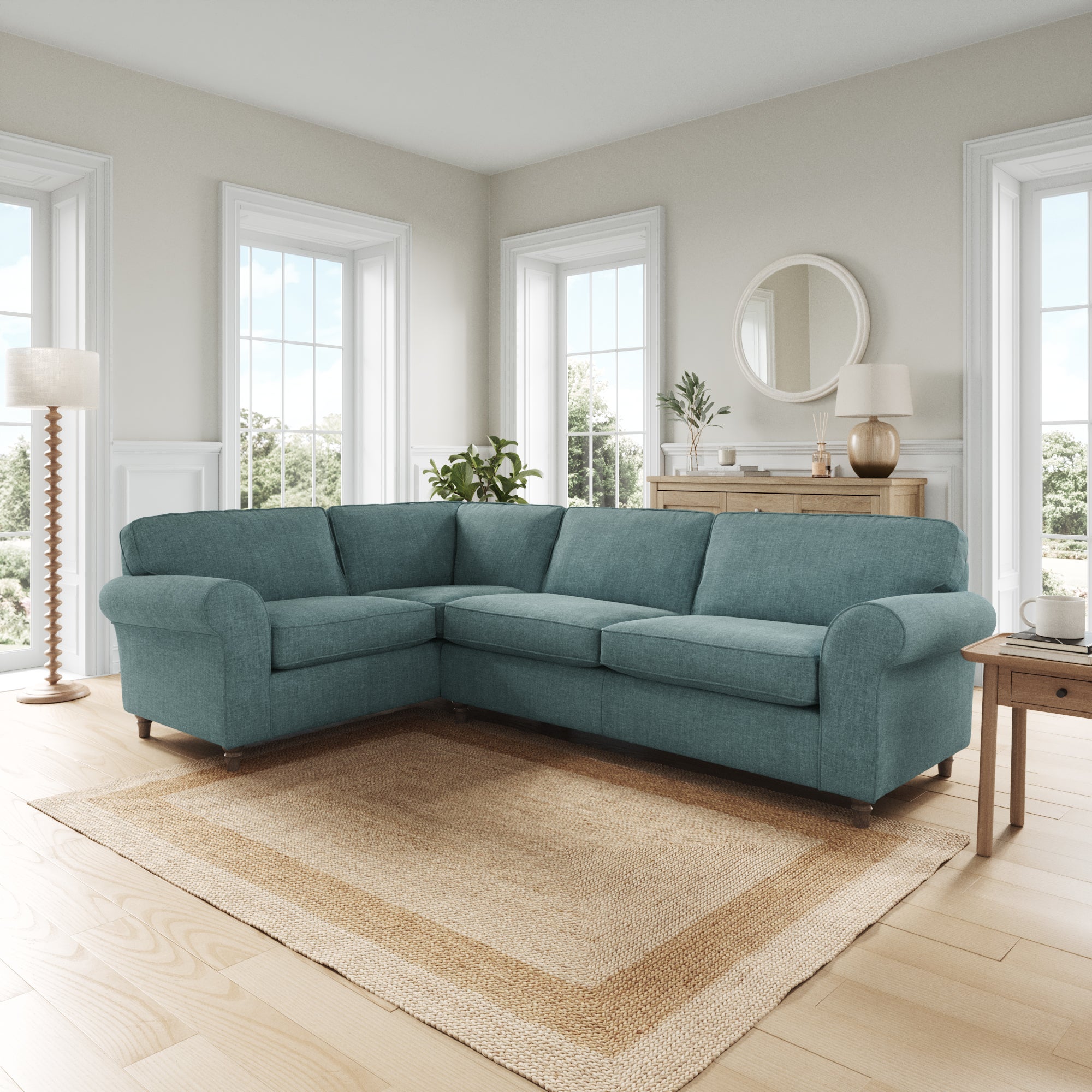 Flori Corner Sofa Tonal Plush Chenille Aqua