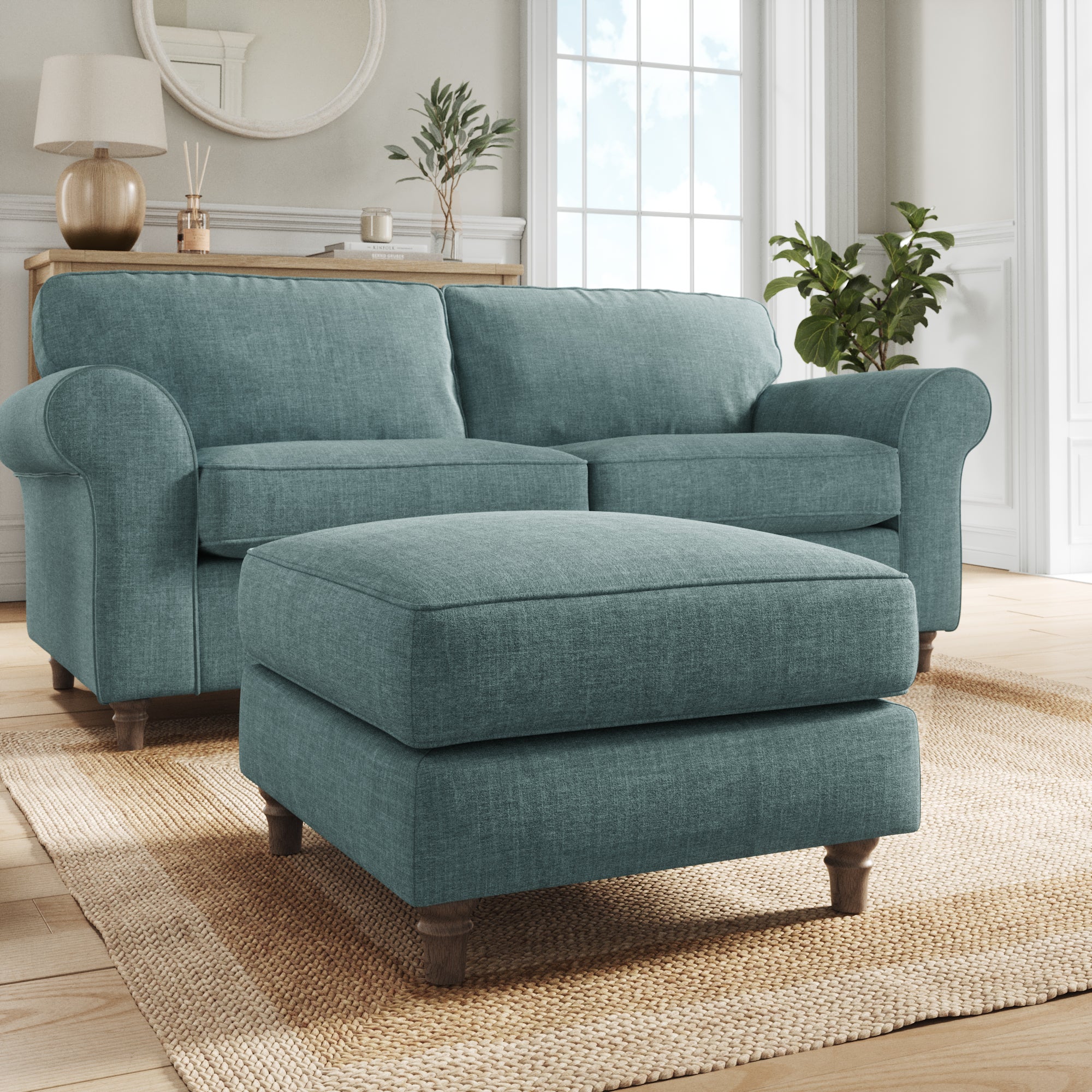 Flori Footstool Tonal Plush Chenille Aqua