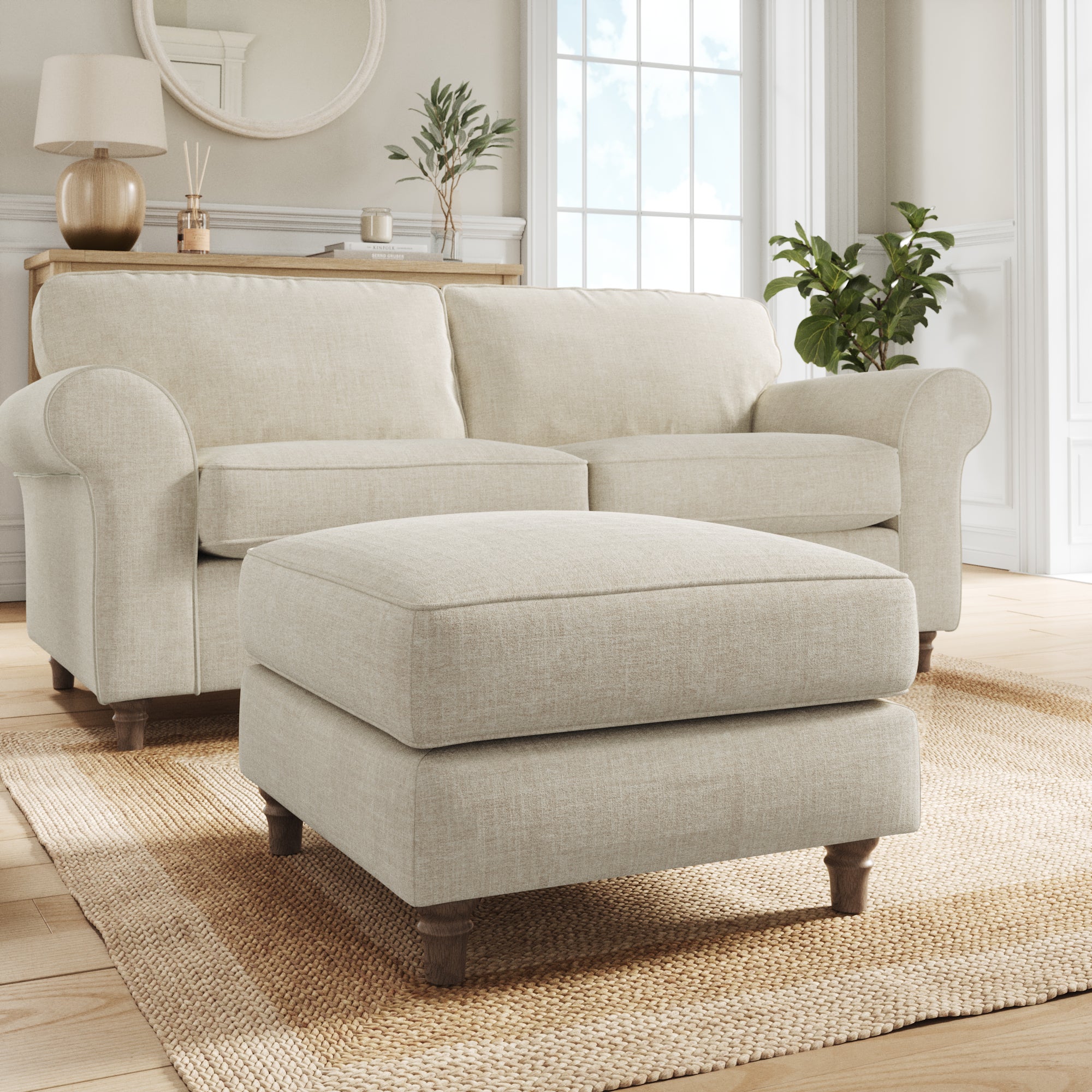 Flori Footstool Tonal Plush Chenille Natural