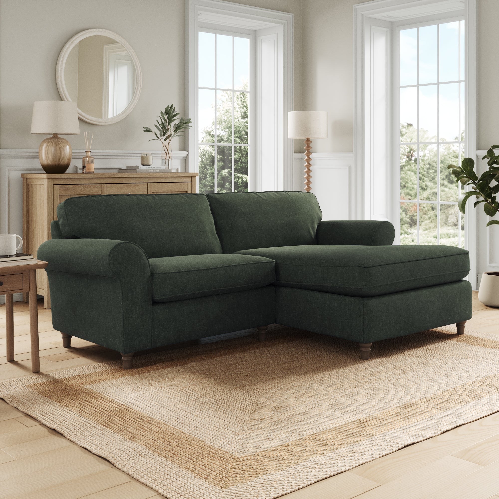 Flori Corner Chaise Sofa Tonal Plush Chenille Moss Green