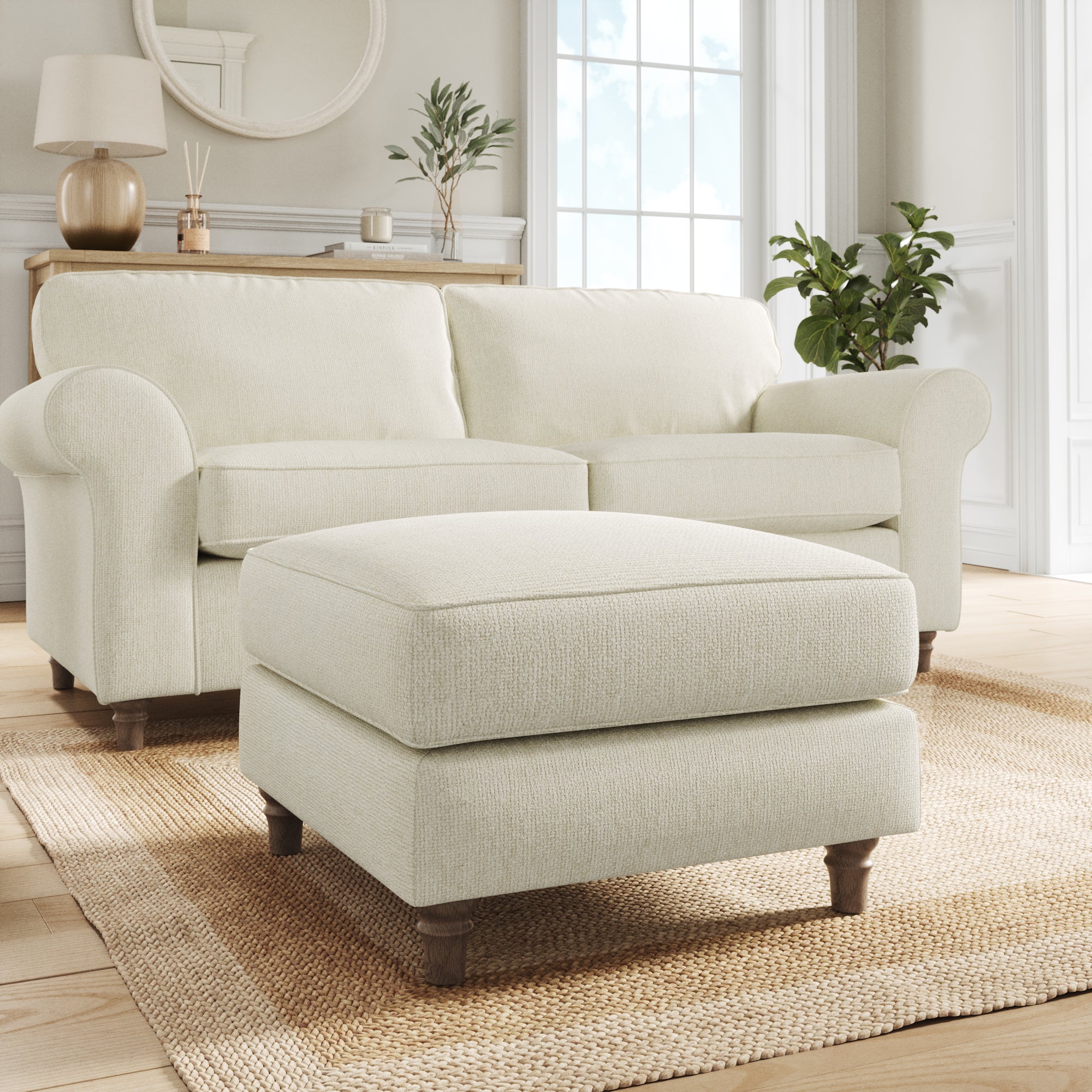 Flori Footstool Chunky Chenille White Sand