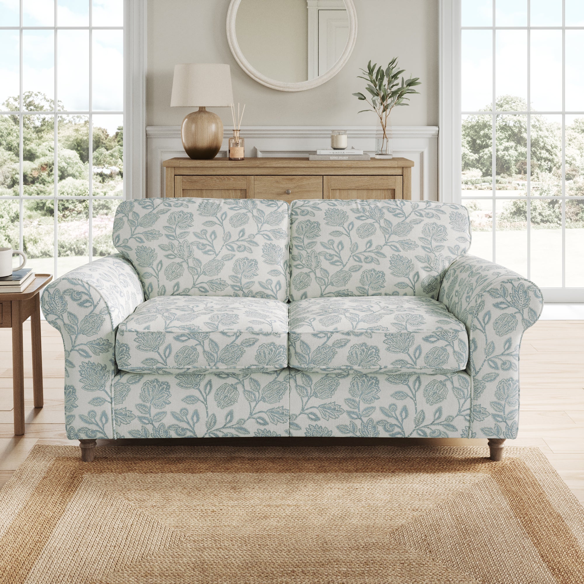 Flori Woven Floral Fabric 2 Seater Sofa Floral Ashley Blue