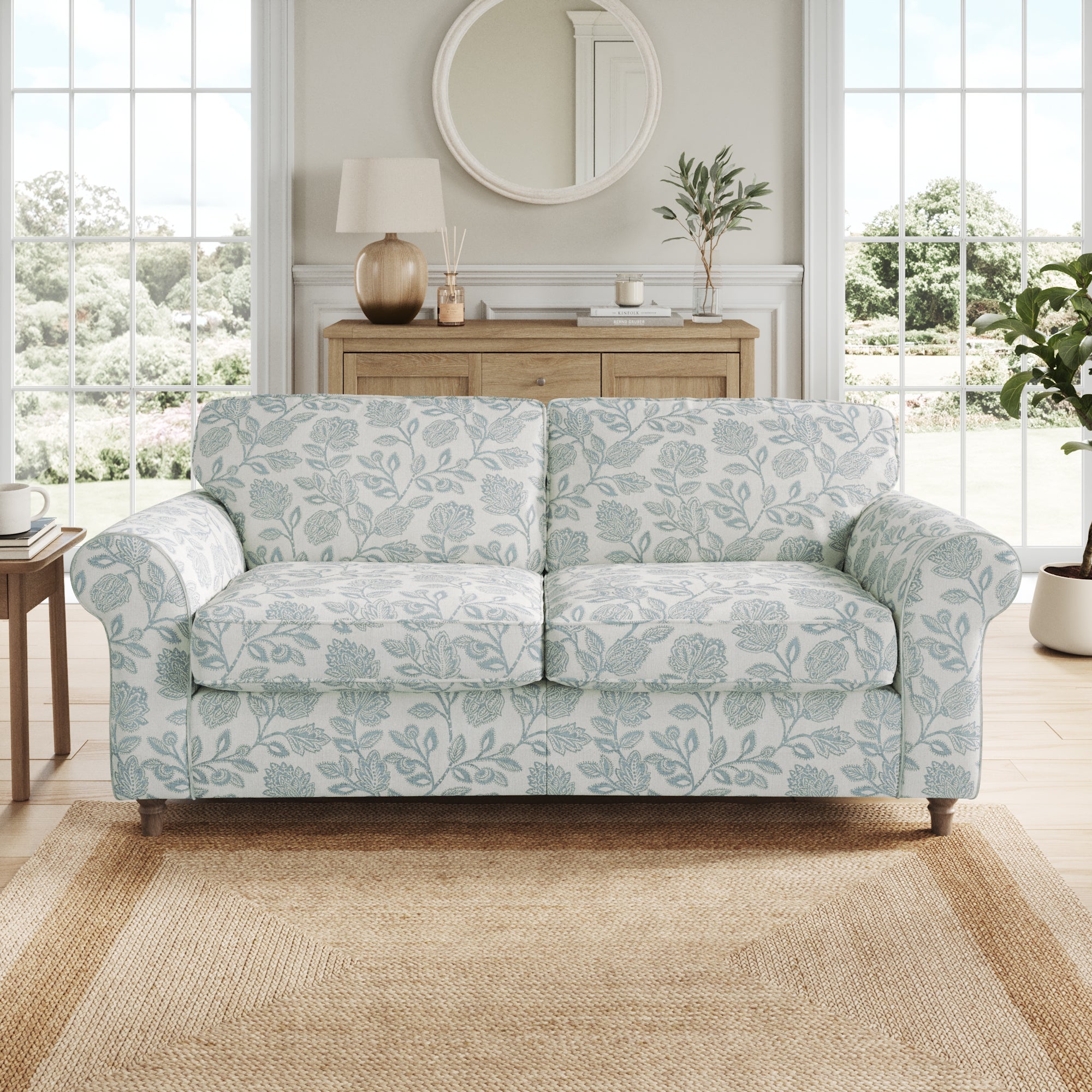 Flori Woven Floral Fabric 3 Seater Sofa Floral Ashley Blue