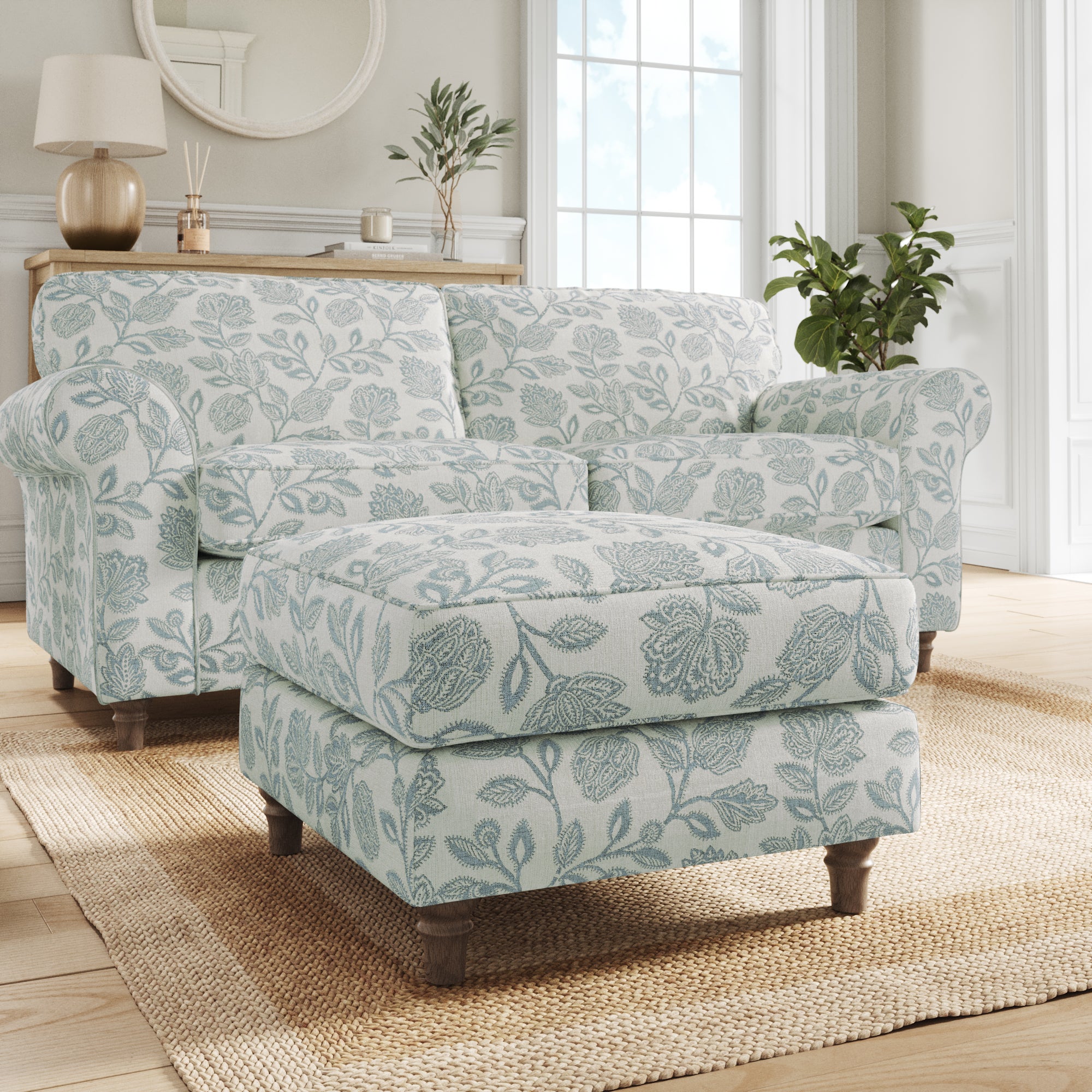 Flori Woven Floral Fabric Footstool Floral Ashley Blue