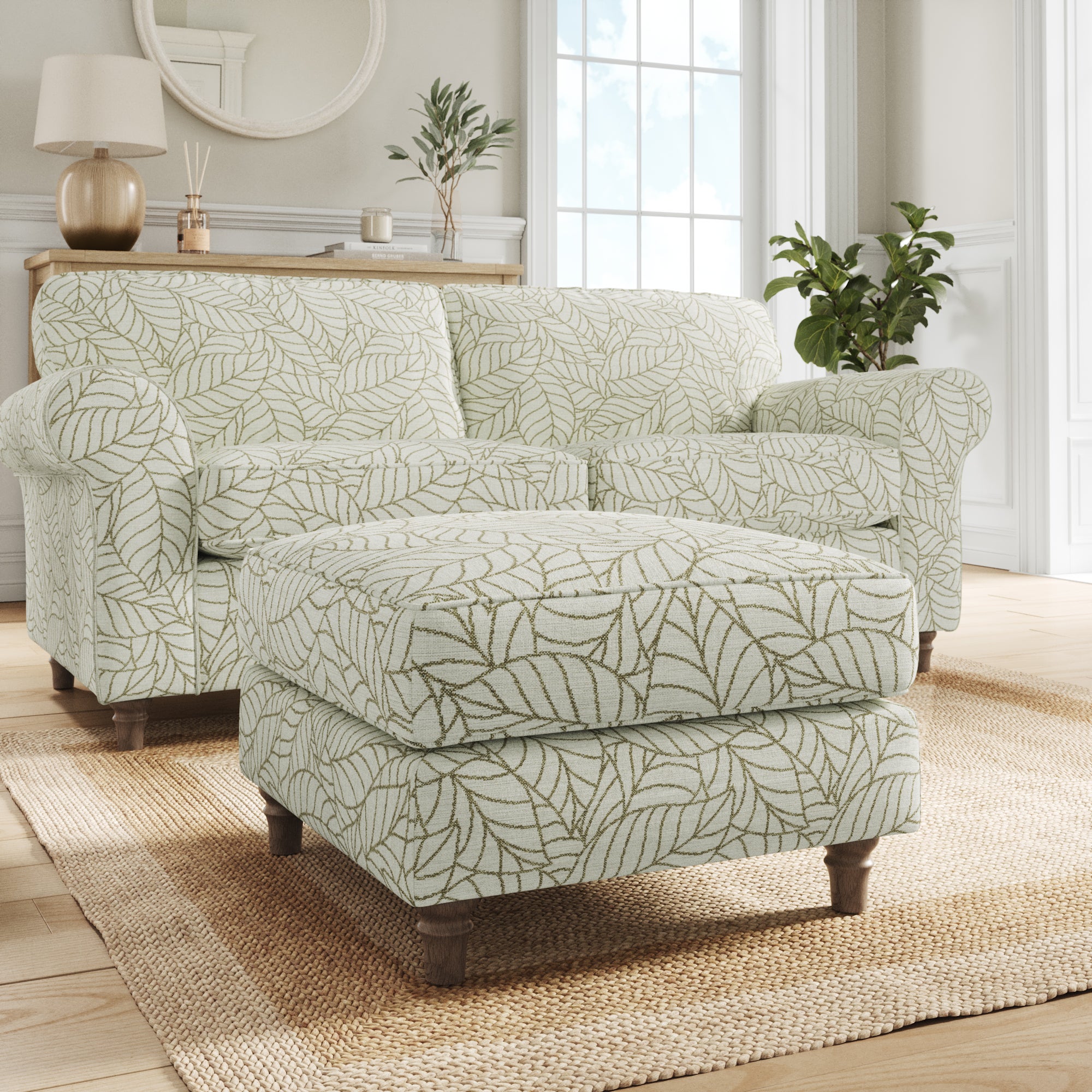 Flori Woven Leaf Fabric Footstool Leaf Olive