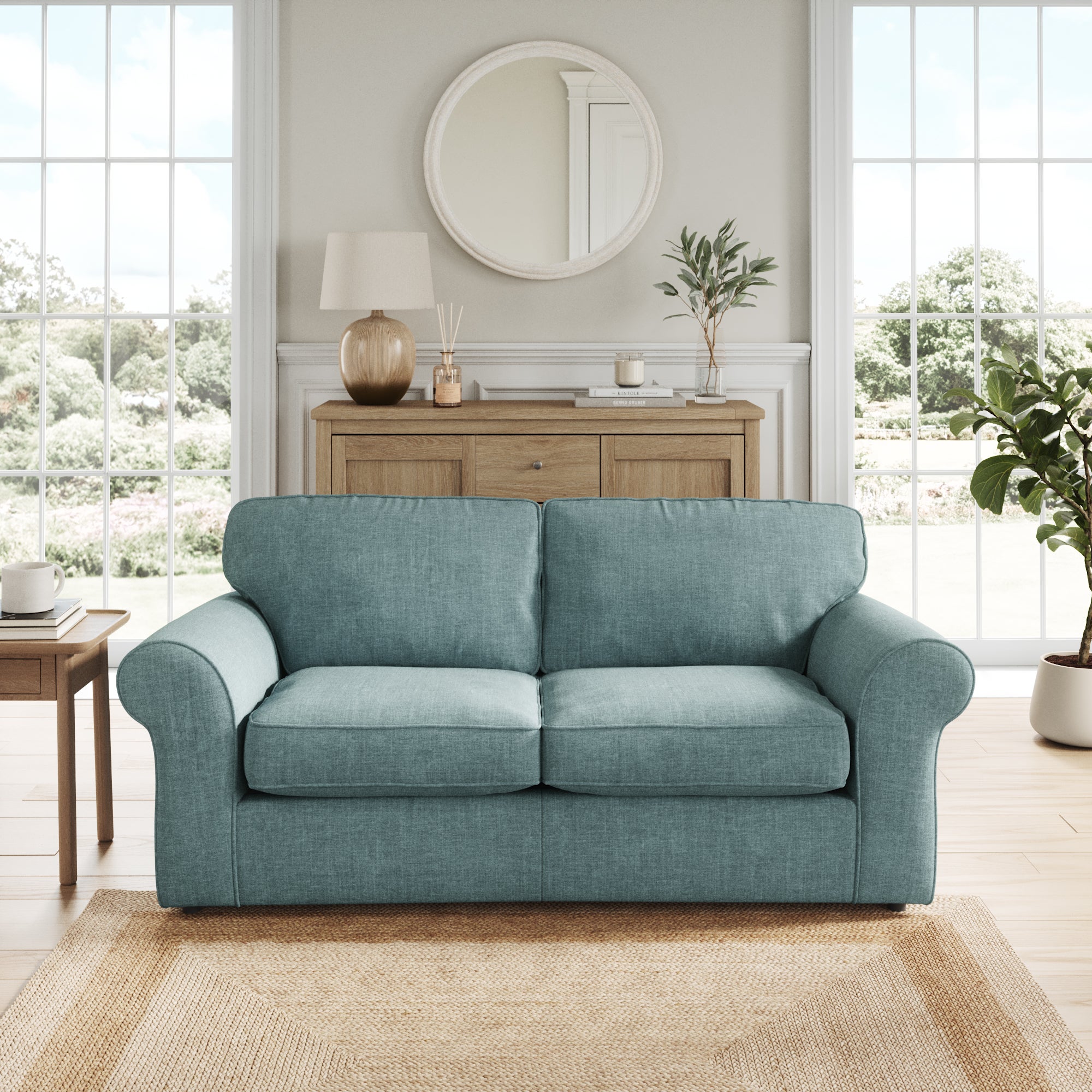 Flori 2 Seater Sofa Bed Tonal Plush Chenille Aqua