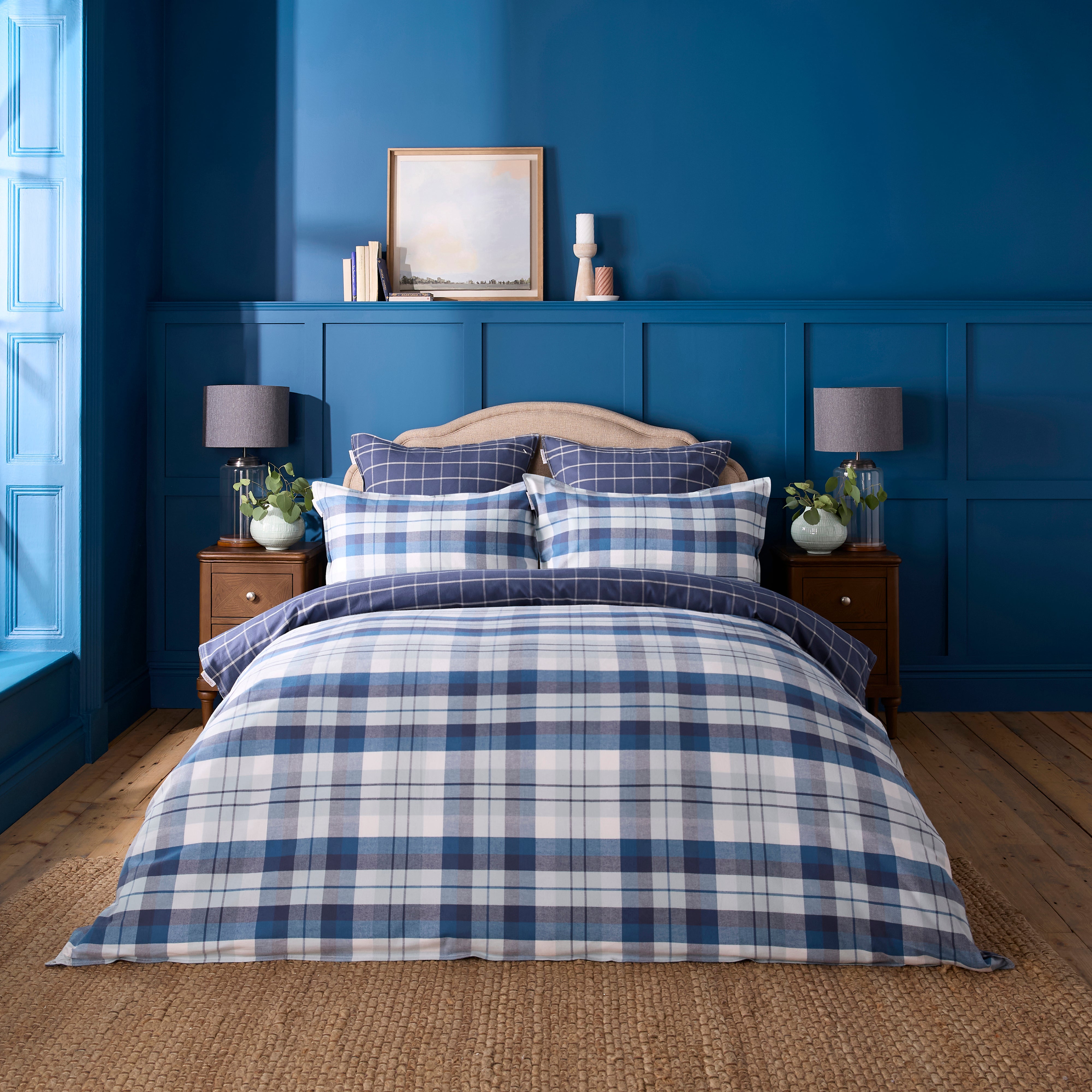 Dorma Maison Check Brushed Cotton Duvet Cover And Pillowcase Set Navy Blue