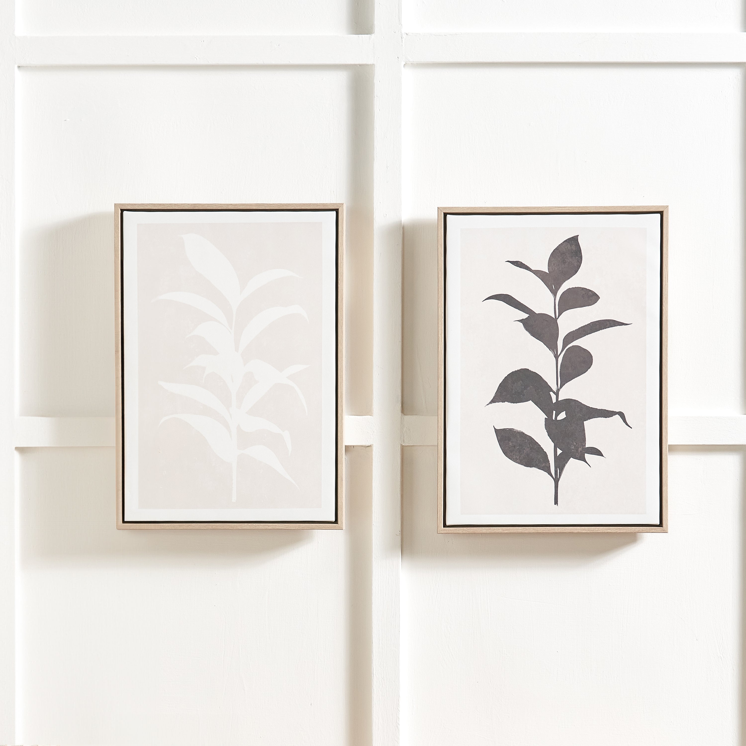Set of 2 Natural and Black Leaf Print Framed Canvases
