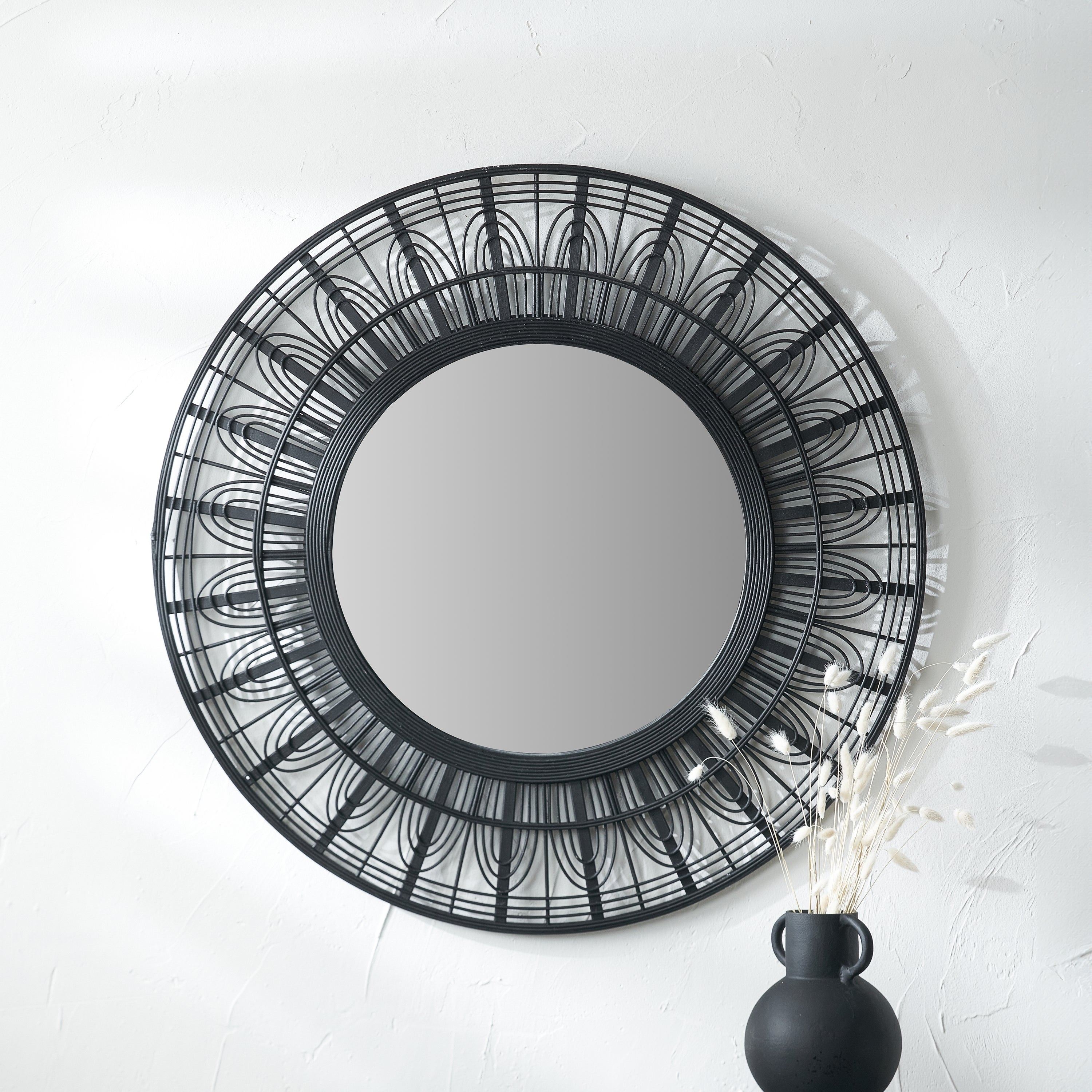 Bamboo Frame Round Wall Mirror Black