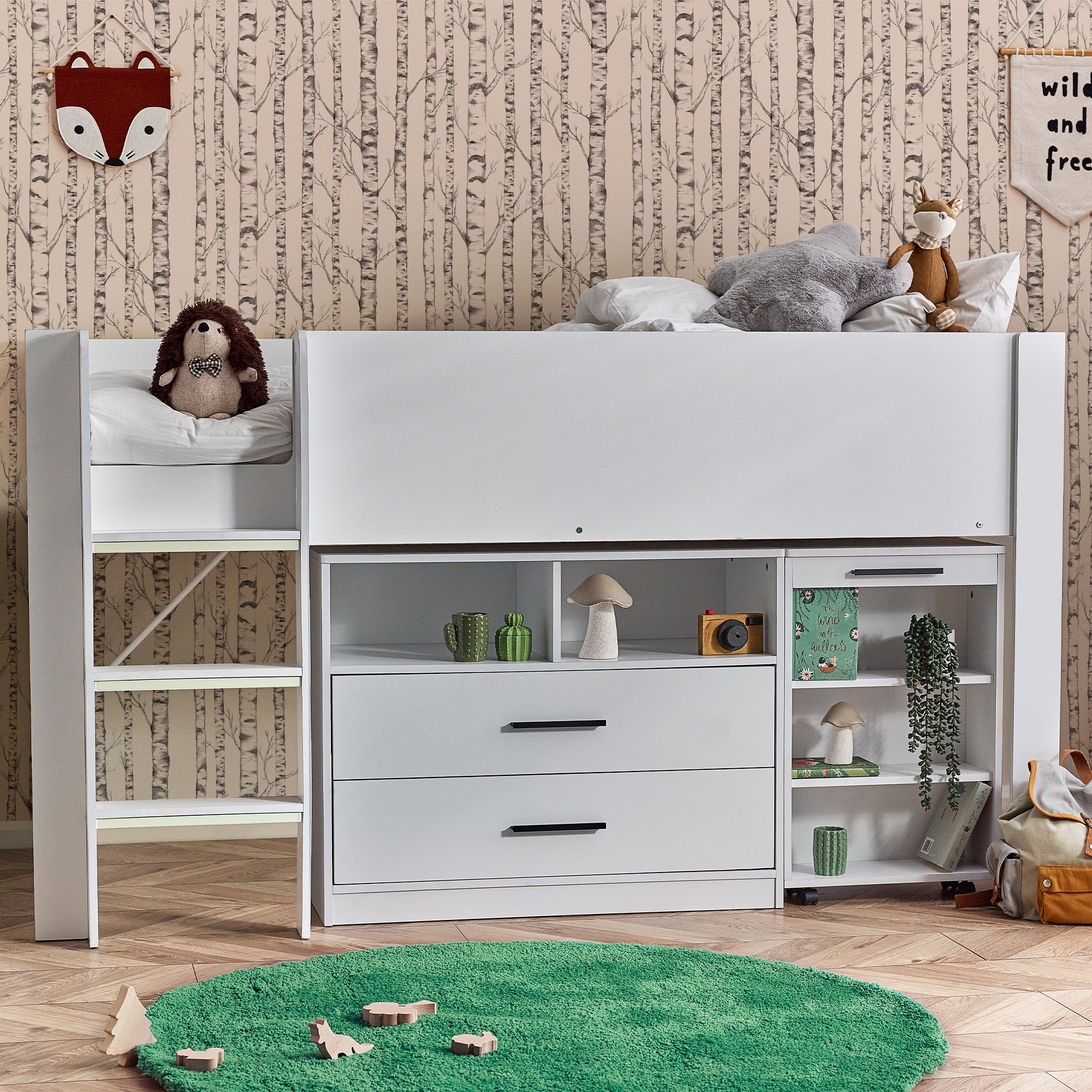Otis Midsleeper Childrens Bed With Pull Out Desk White