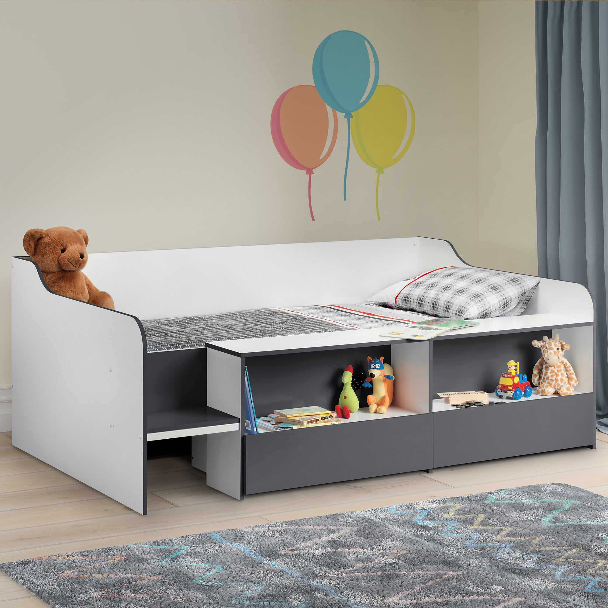 Stella Low Sleeper Childrens Bed With Shelving Charcoal