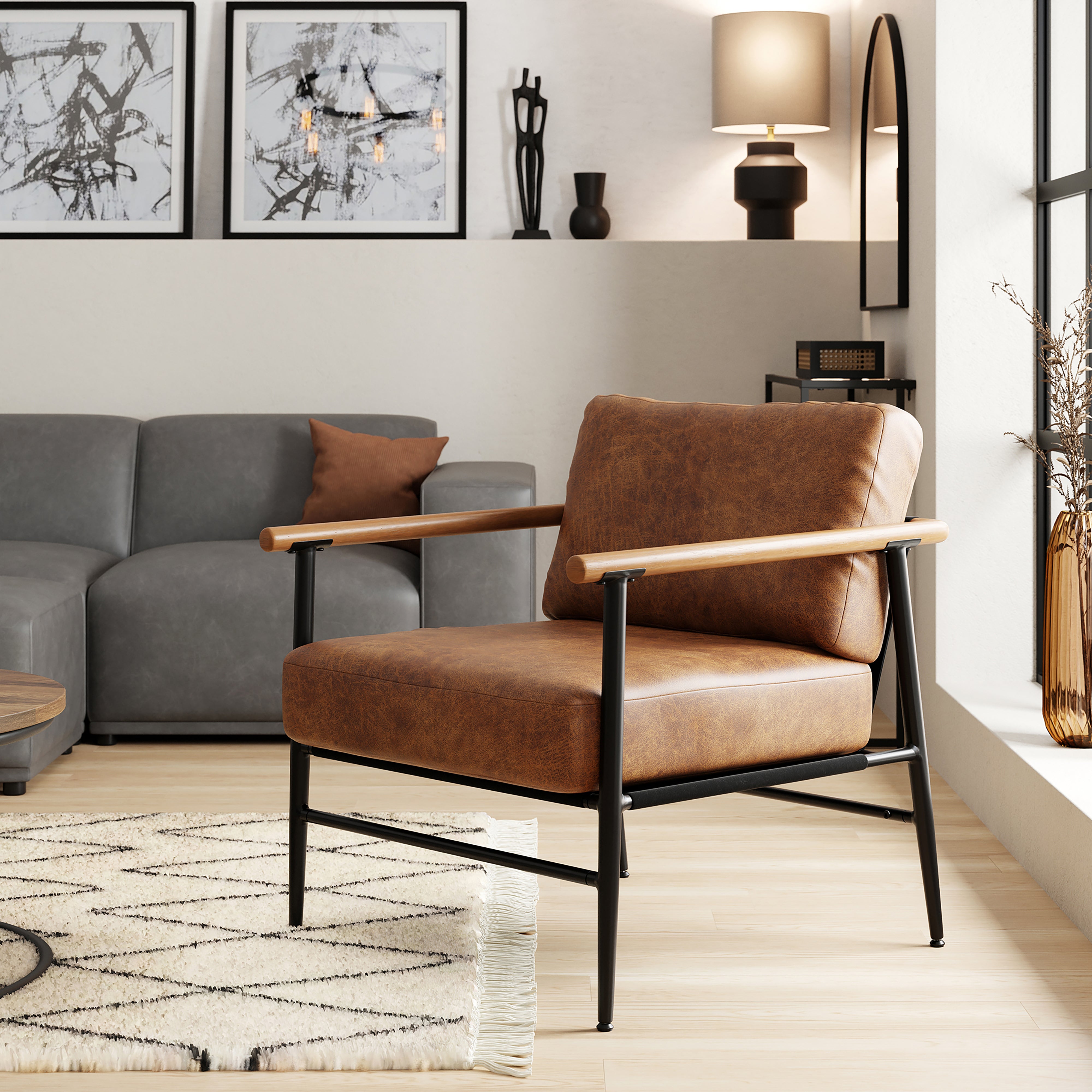 Arbour Industrial Accent Chair Faux Leather Tan