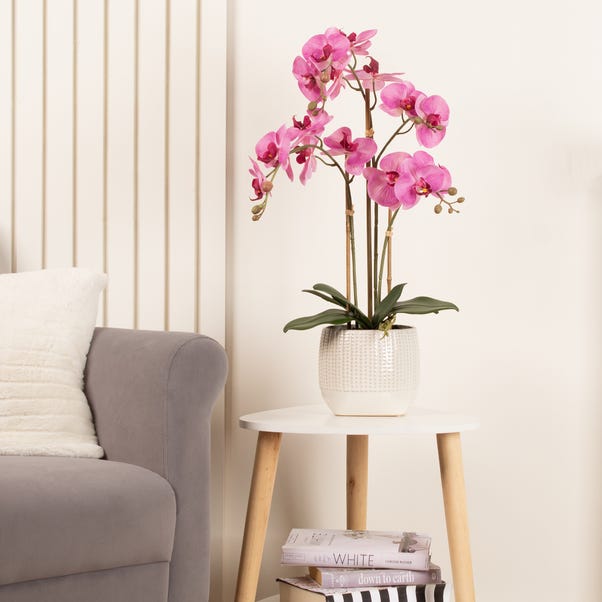 Artificial Pink Phalaenopsis Orchid in Beige Ceramic Plant Pot image 1 of 4