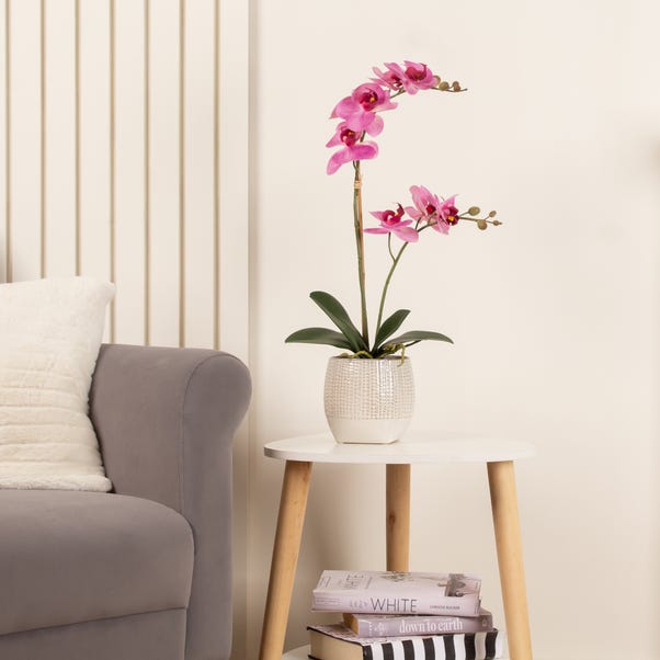 Artificial Pink Phalaenopsis Orchid in Textured Ceramic Plant Pot image 1 of 4