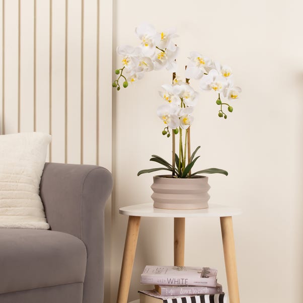 Artificial White Phalaenopsis Orchid in Taupe Ceramic Plant Pot image 1 of 4