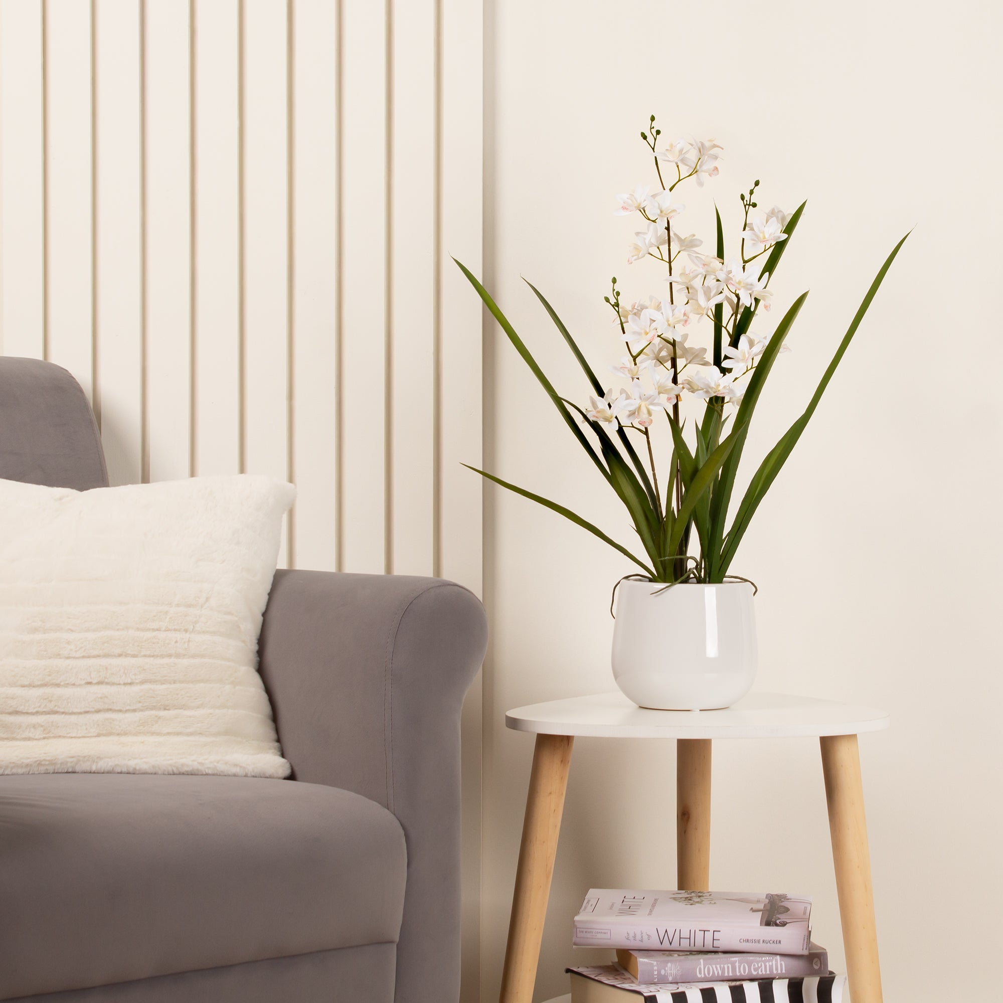 Artificial White Mini Cymbidium Orchid In White Ceramic Plant Pot White