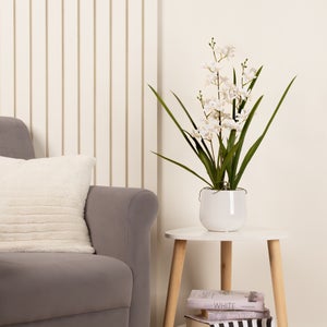 Artificial White Mini Cymbidium Orchid In White Ceramic Plant Pot
