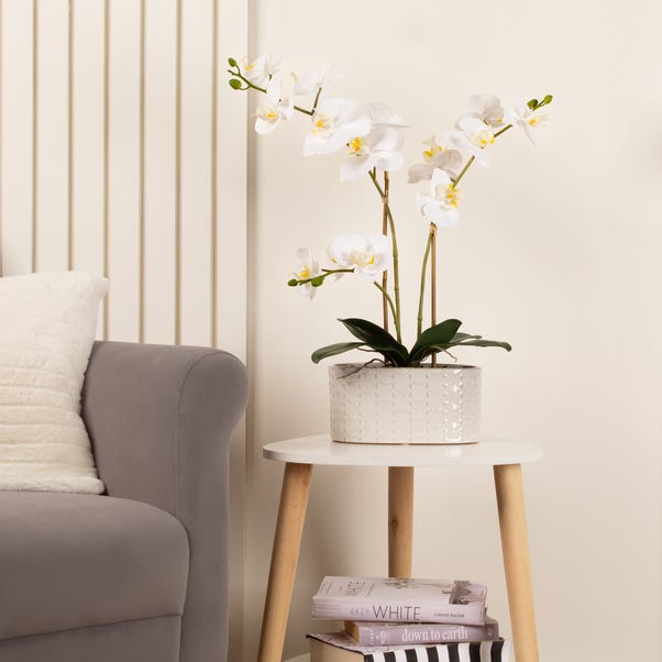 Artificial White Phalaenopsis Orchid in Oval Ceramic Plant Pot image 1 of 5
