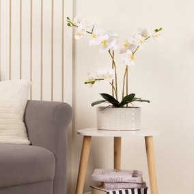 Artificial White Phalaenopsis Orchid in Oval Ceramic Plant Pot