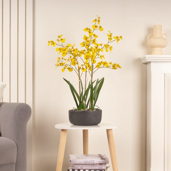 Artificial Yellow Dancing Orchid in Black Ceramic Plant Pot image 1 of 4