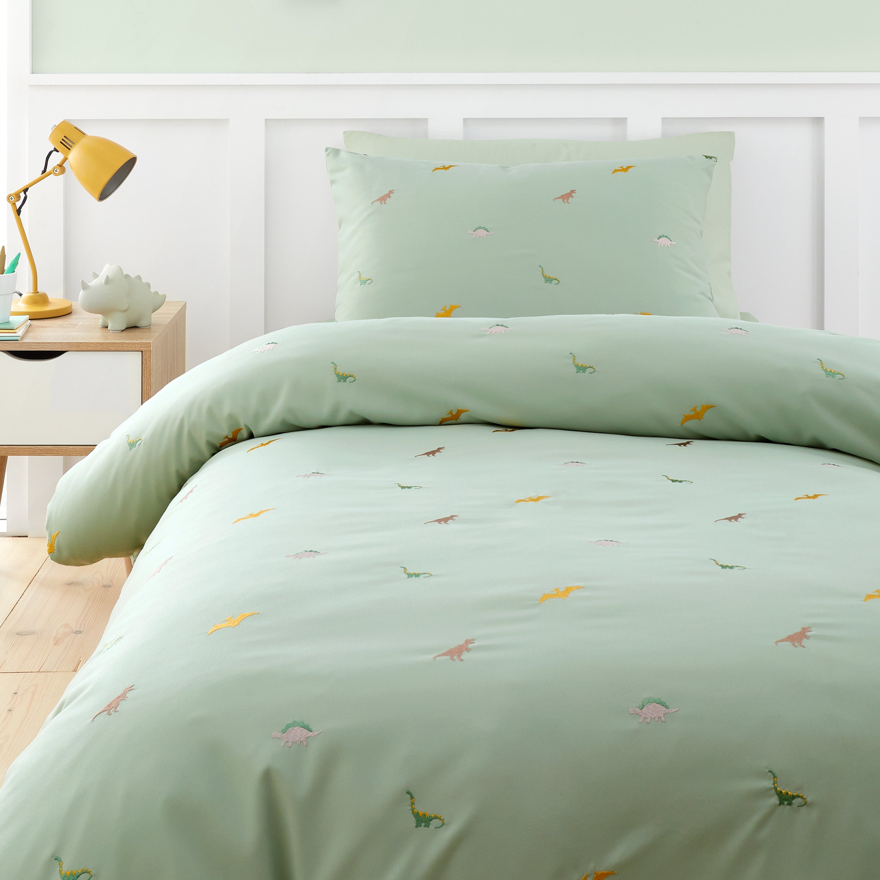 Catherine Lansfield Embroidered Dino Green Microfibre Duvet Cover and Pillowcase Set