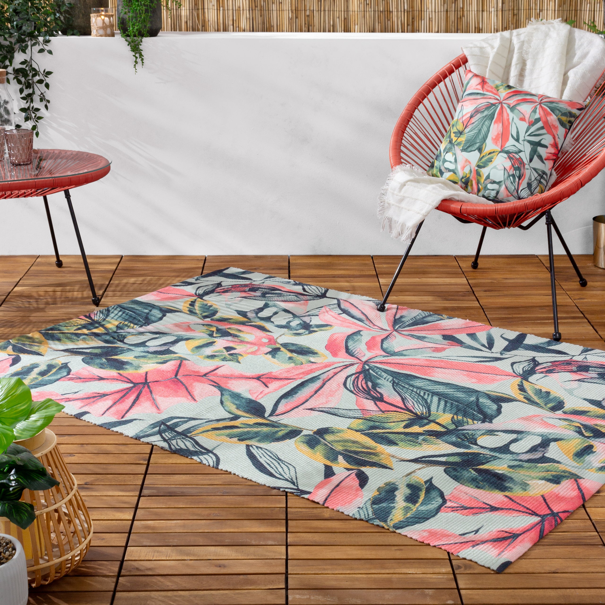 Palm Print Washable Indoor Outdoor Rug Multicoloured