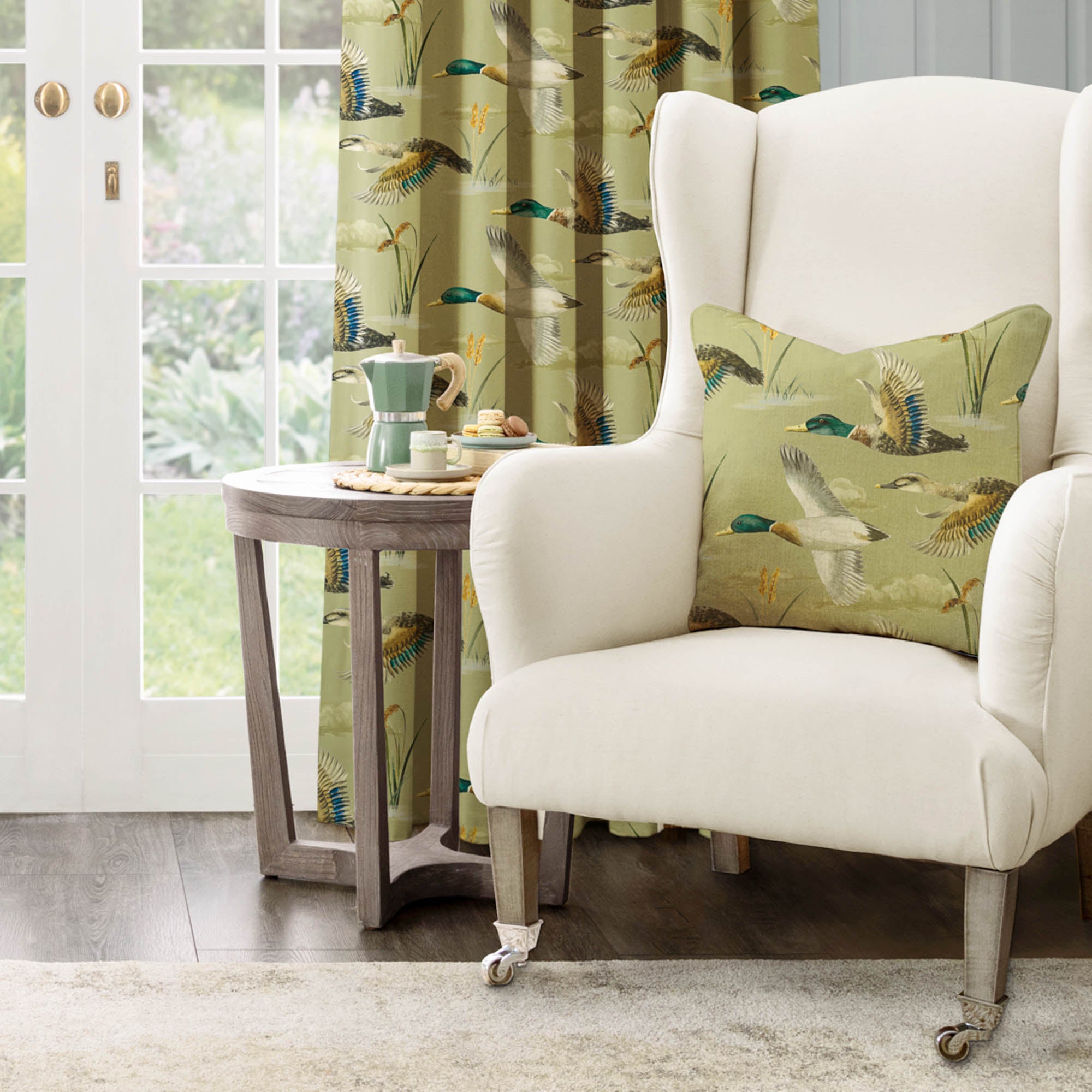 Mallards In Flight Square Cushion Green