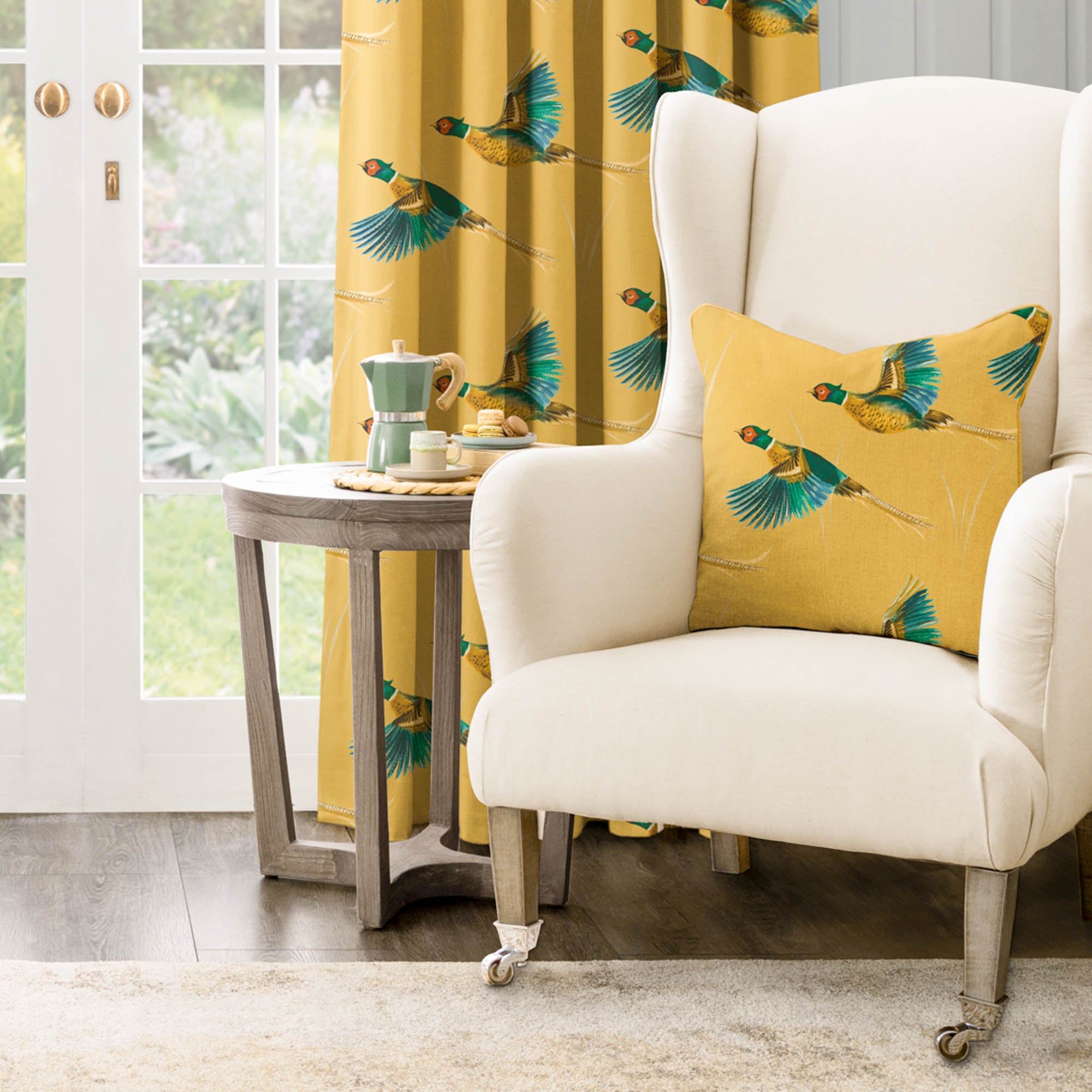 Country Pheasants Square Cushion Yellow