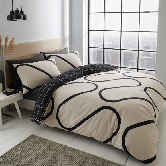 Catherine Lansfield Linear Curve Geometric Black Reversible Duvet Cover Pillowcase Set