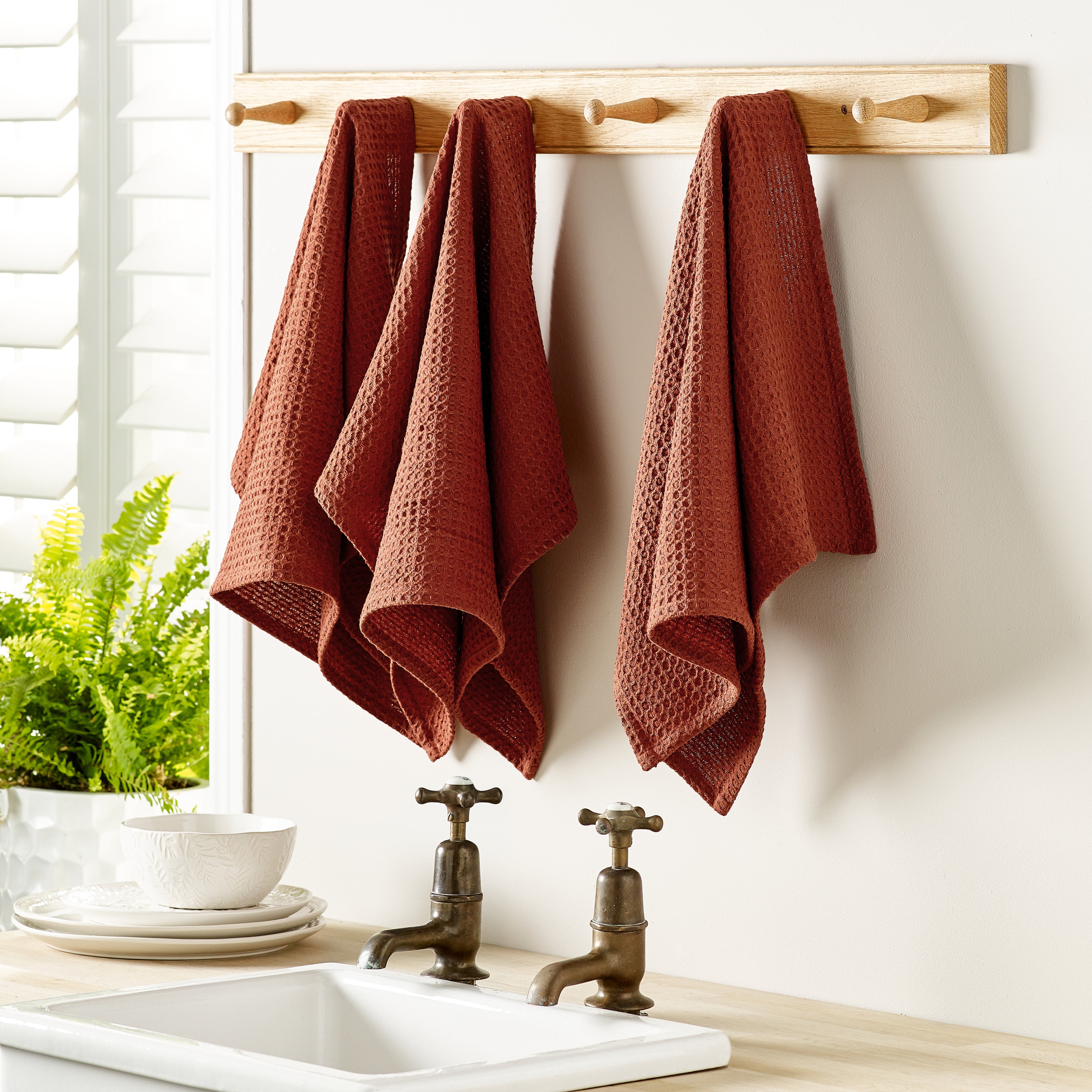 Set Of 3 Recycled Waffle Tea Towels Rust