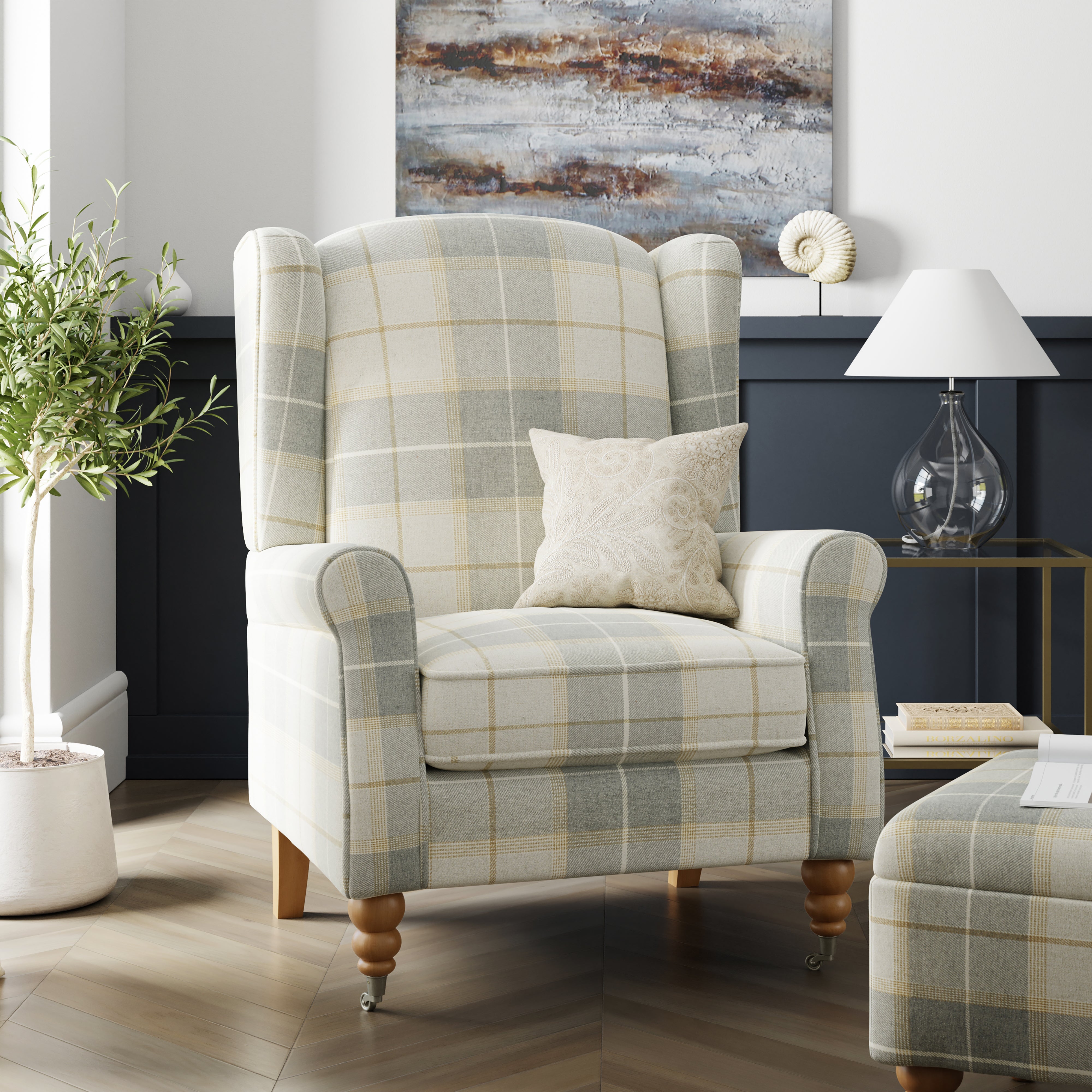 Oswald Grande Check Wingback Armchair Oswald Natural Grey Check