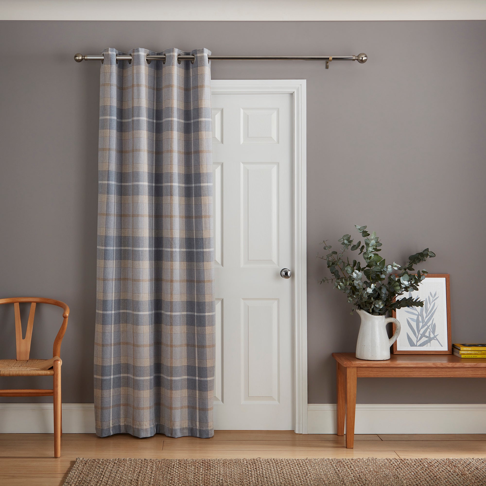 Ember Chenille Thermal Grey Natural Eyelet Door Curtain Natural Grey