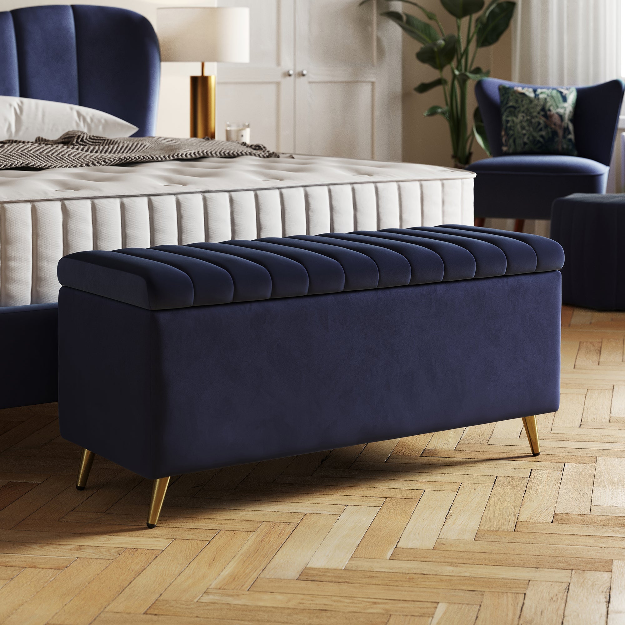 Curve Pleated Velvet End Of Bed Ottoman Navy