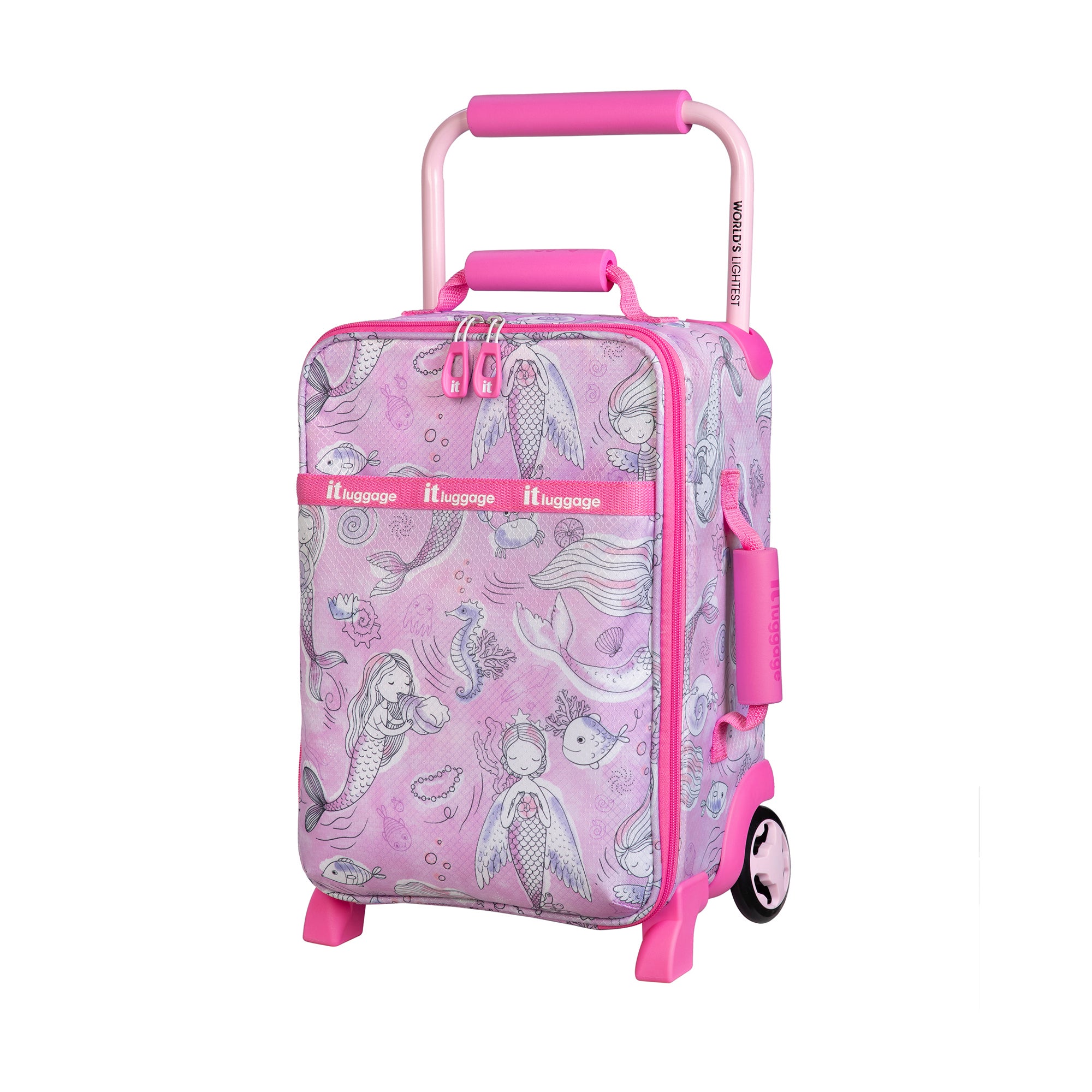 IT Luggage Curiosity Soft Shell Kiddies Mermaid Print Pink Suitcase