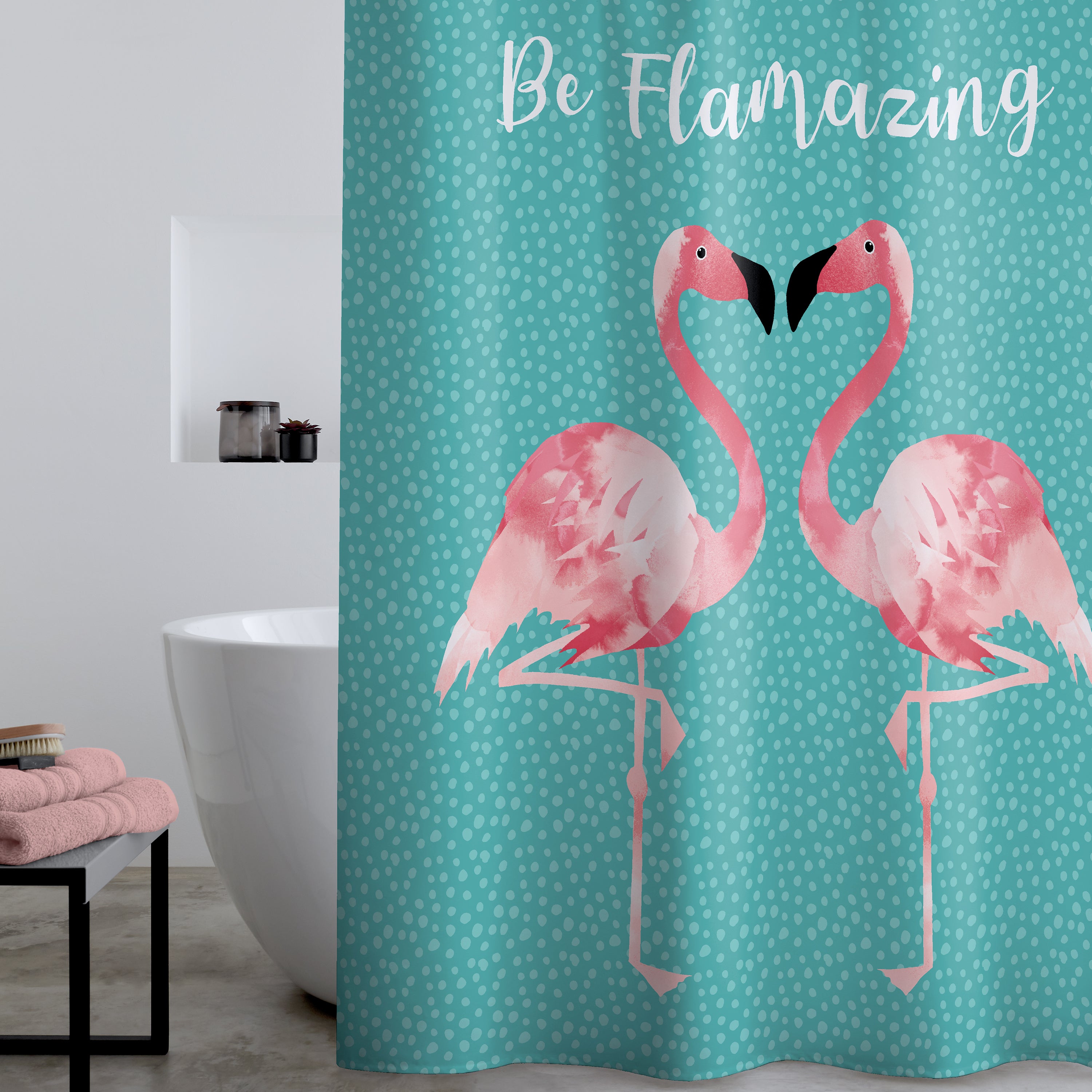 Catherine Lansfield Flamingo Shower Curtain Teal Blue