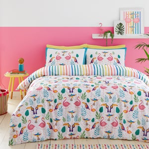Fusion Tropical Flamingo Reversible Duvet Cover And Pillowcase Set
