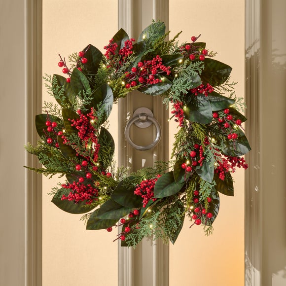 Click to view product details and reviews for Artificial Pre Lit Magnolia Berry Wreath.