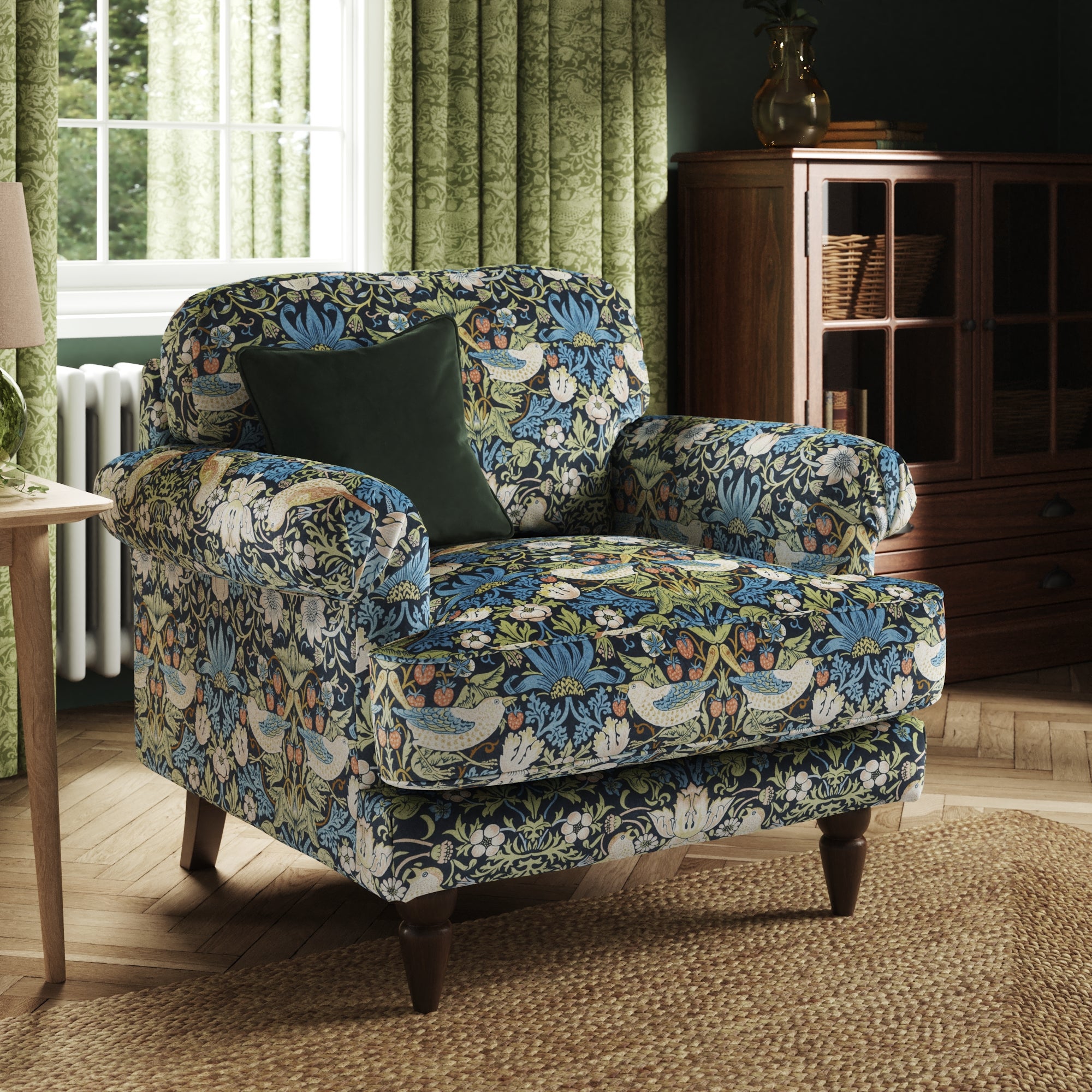 Jolene William Morris Strawberry Thief Print Velvet Snuggle Chair Midnight