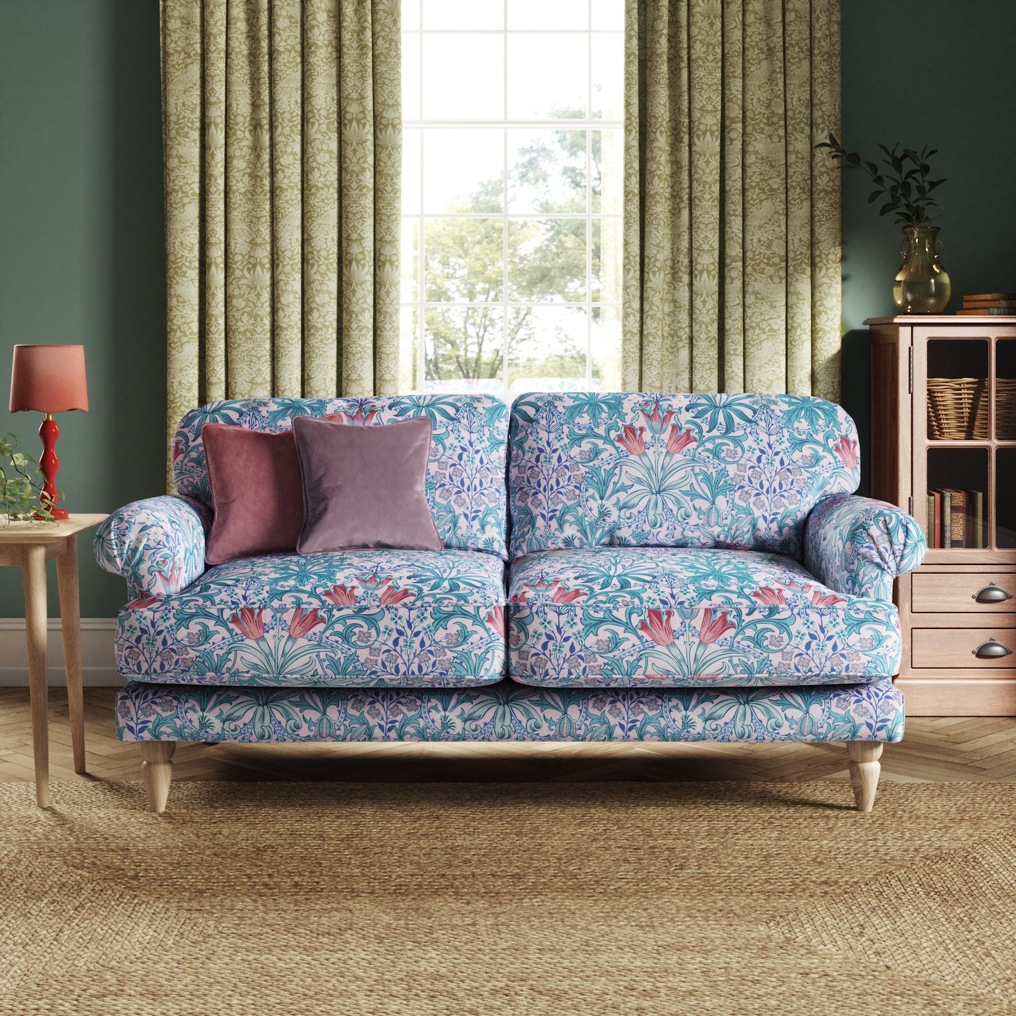 Jolene William Morris Woodland Weeds Print Velvet 3 Seater Sofa Woodland Weeds Peony