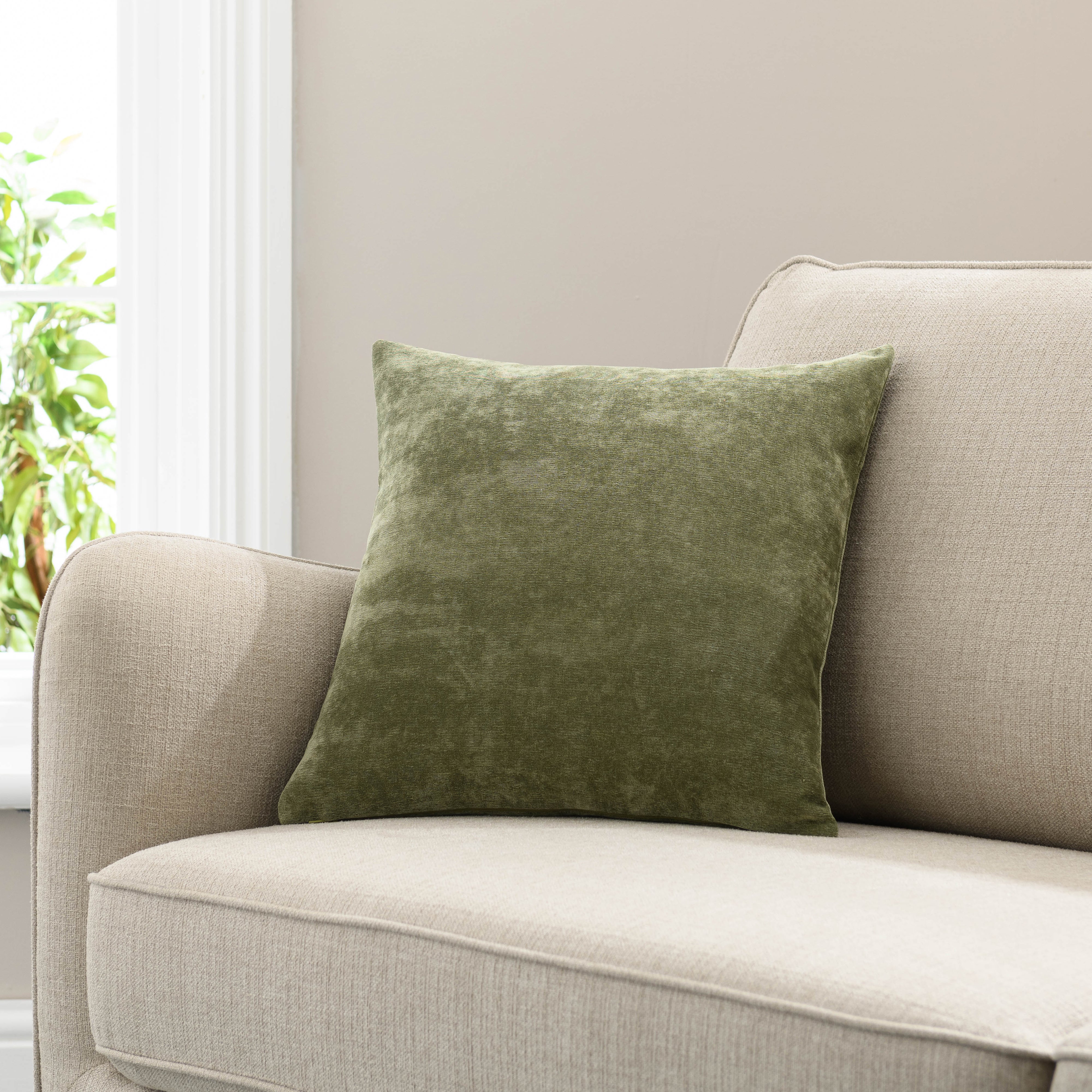 Velour Feather Cushion Olive Green