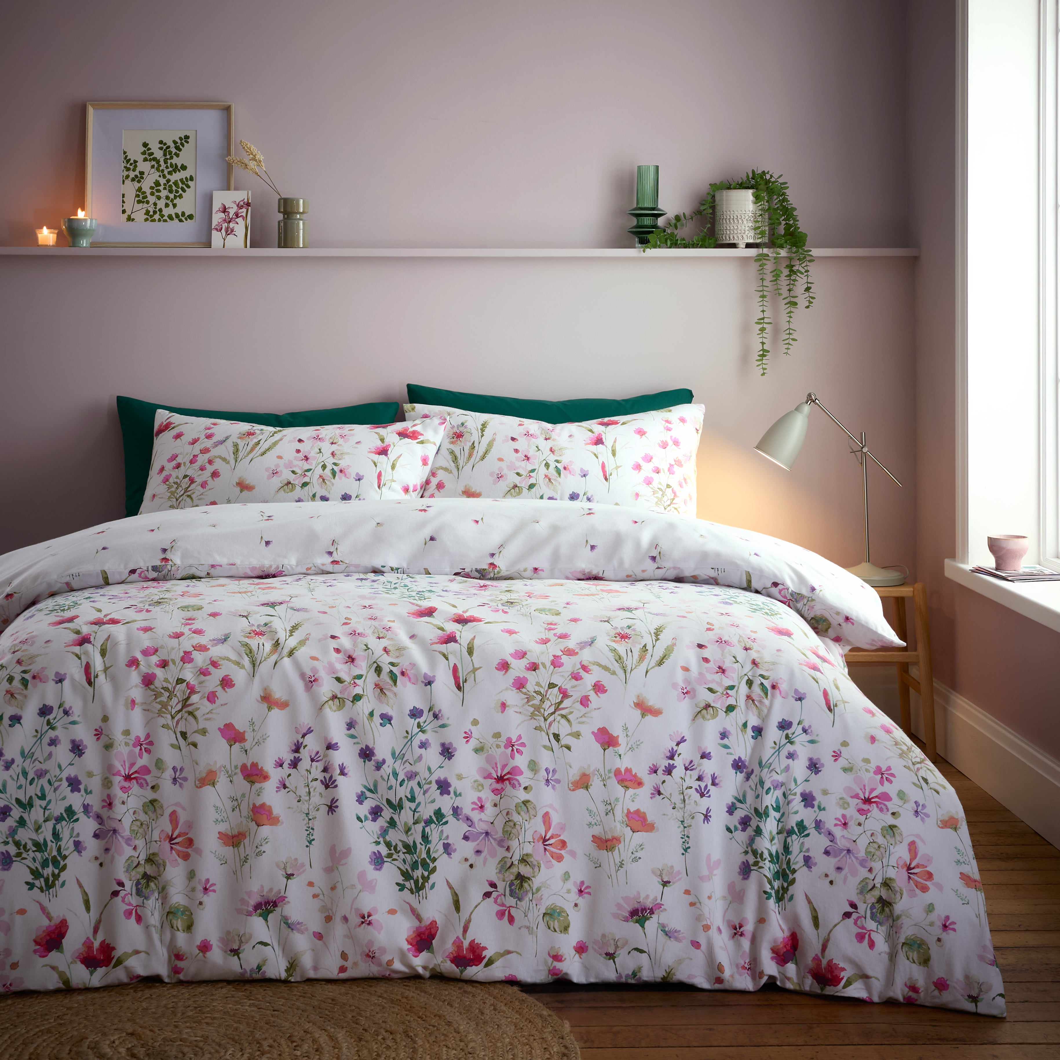 Watercoloured Floral Brushed Cotton Duvet Cover And Pillowcase Set White